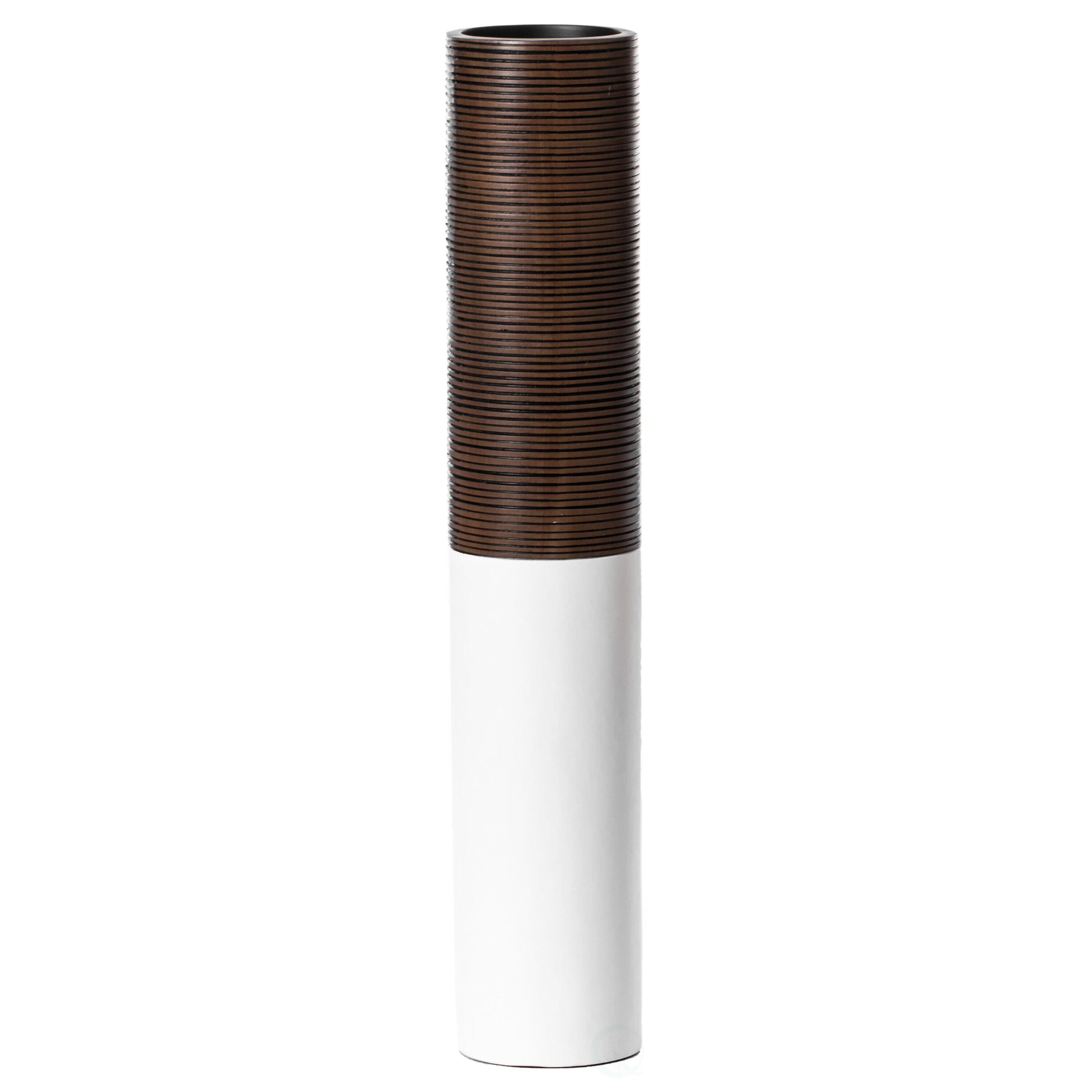 Modern Tall Decorative White and Brown Ribbed Cylinder Floor Vase