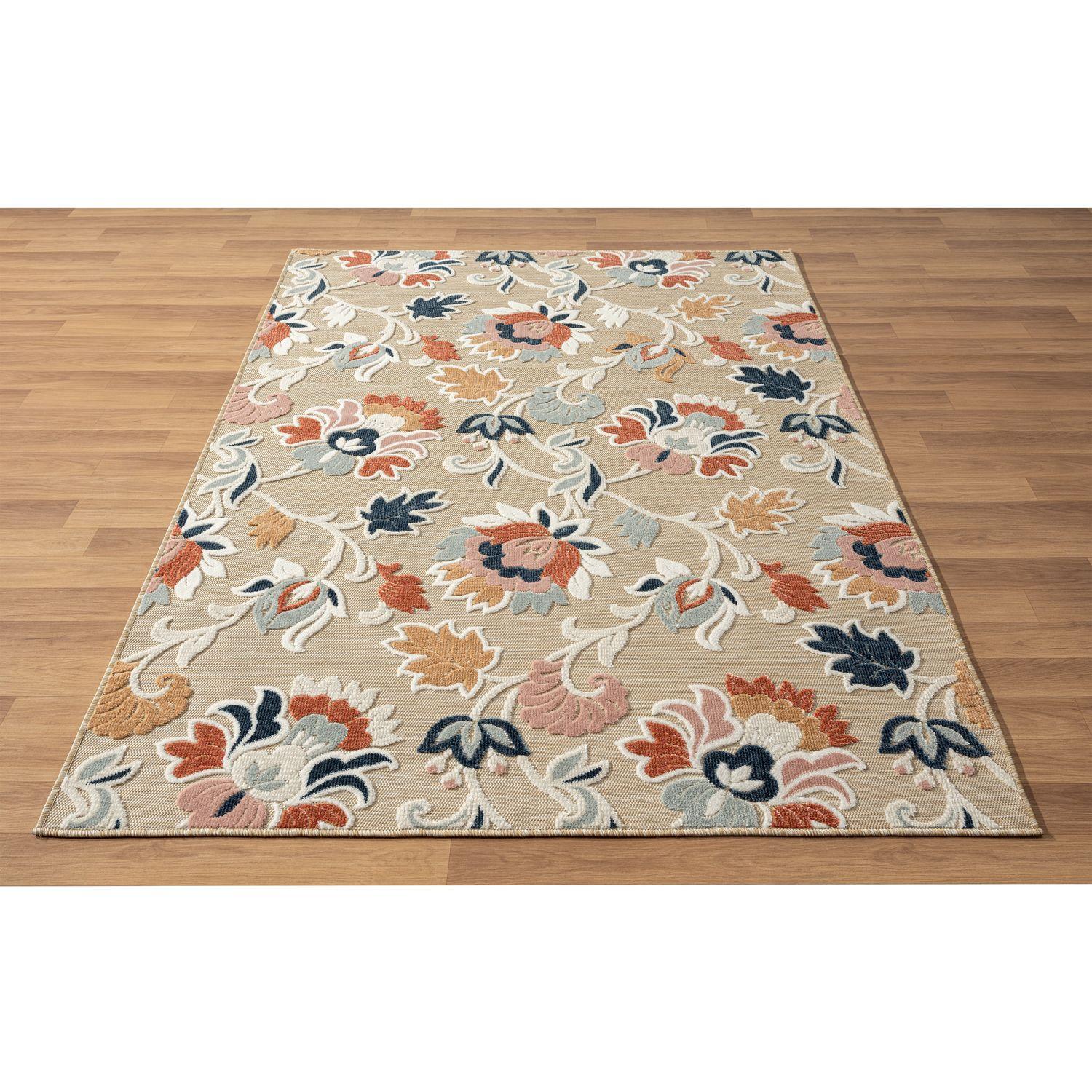 LR Home Elise 5' x 7' Coral/Beige Floral Hi-Low Indoor/Outdoor Area Rug