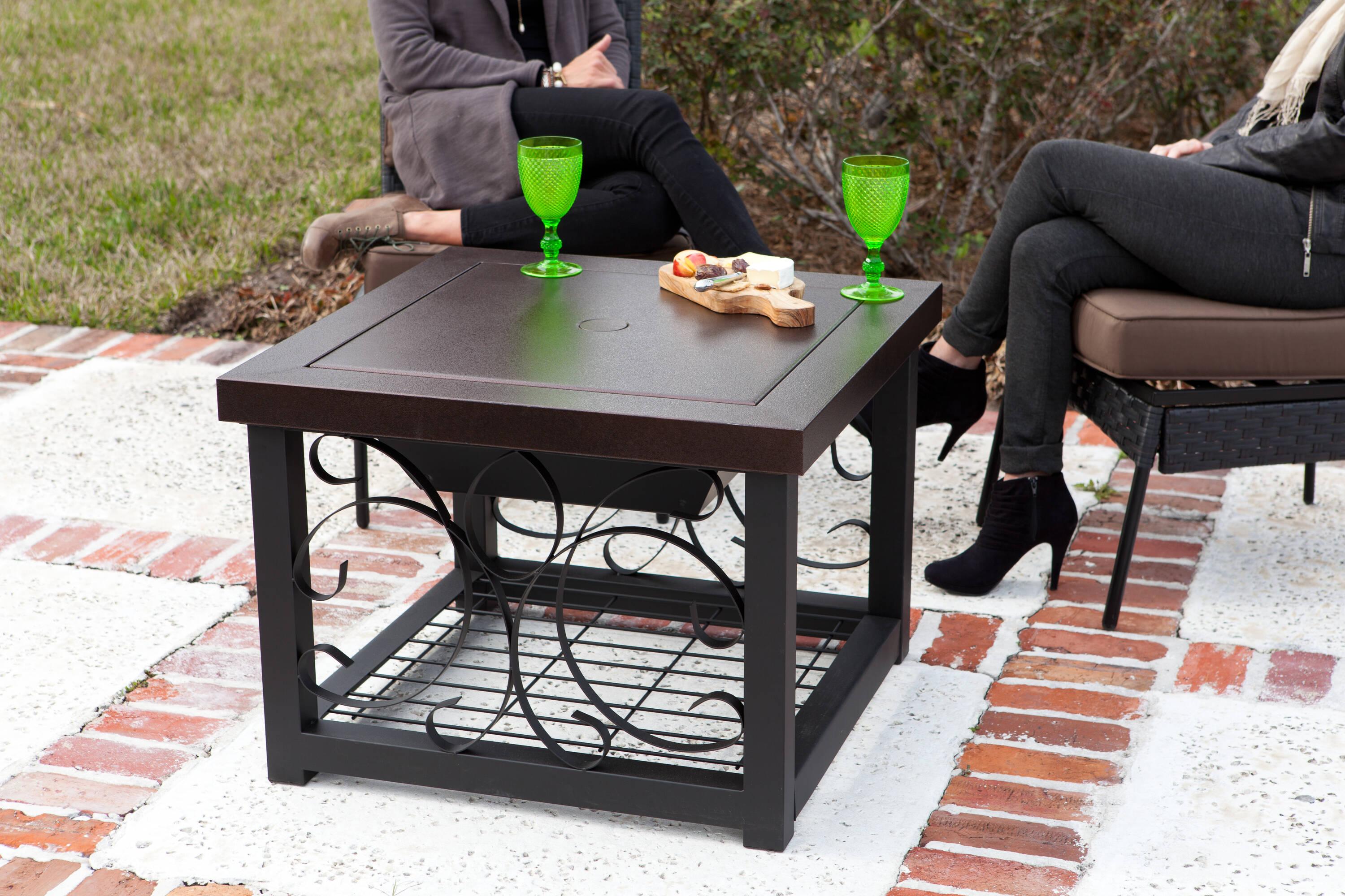 Fire Sense Fire Pit Cocktail Square Table Wood Burning Mesh Spark Screen Wood Grate with Storage Rack – Hammered Bronze Finish