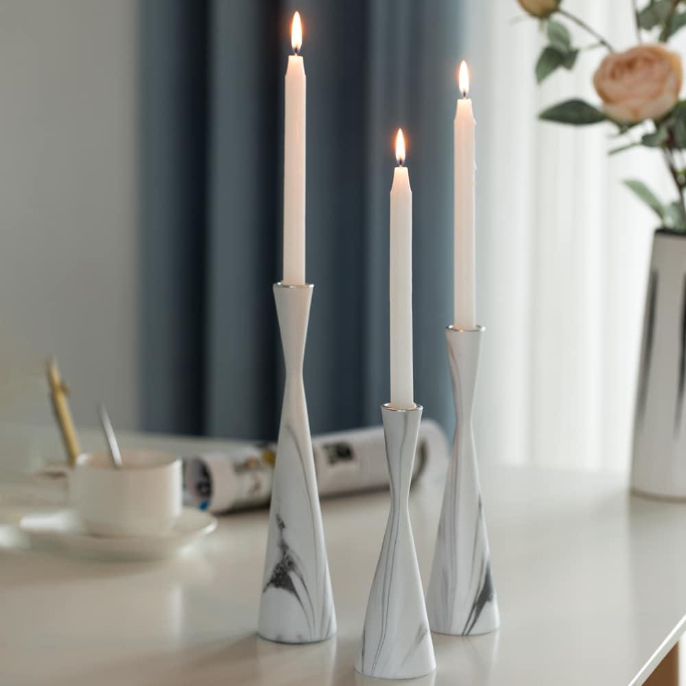 Ivy Bronx Marble Resin Candle Holders - 3 Set Taper Candlesticks for Home Decor, Table Centerpieces, White