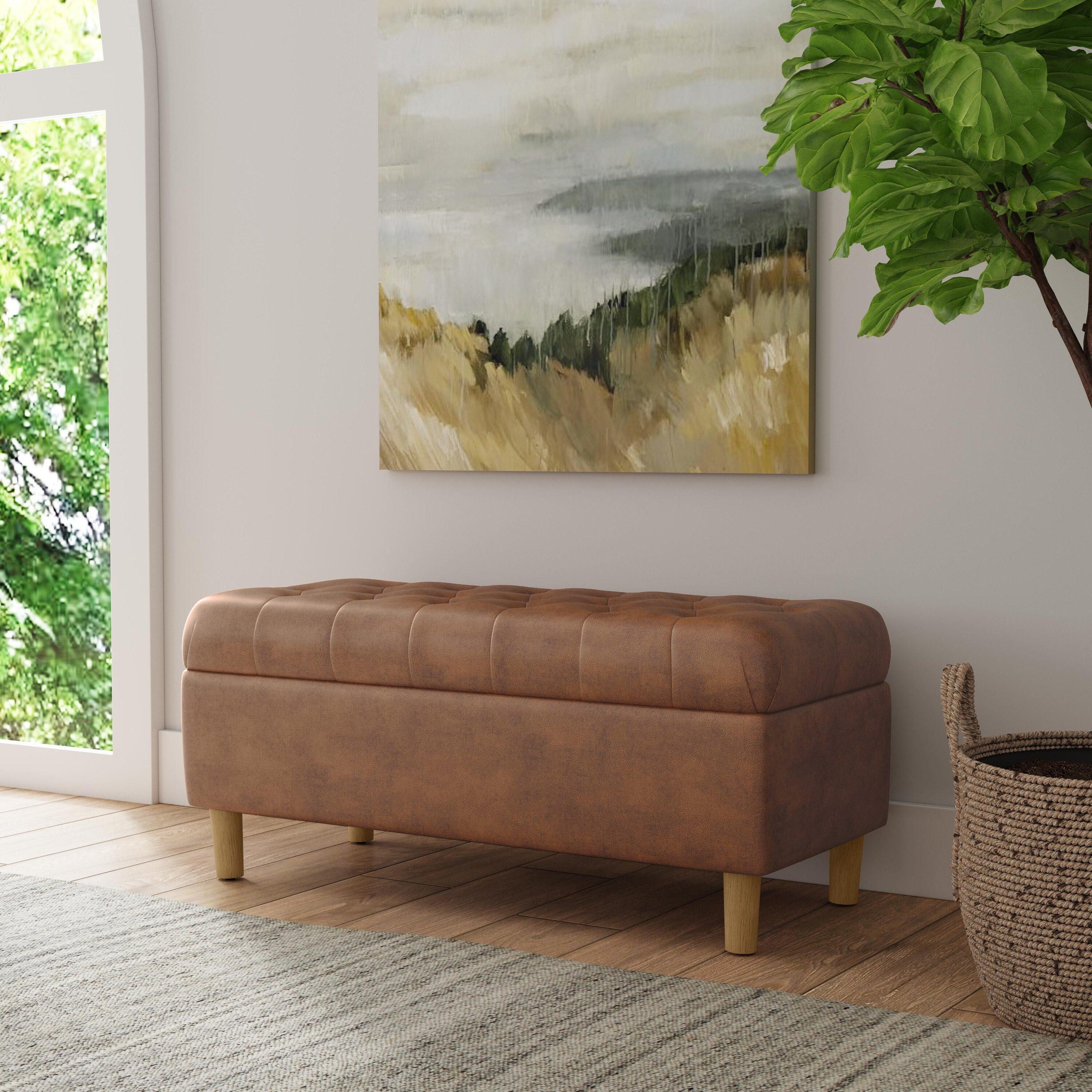 Button Tufted Storage Bench with Cone Wood Legs Faux Leather Brown - HomePop: Hinged Lid, Easy Access
