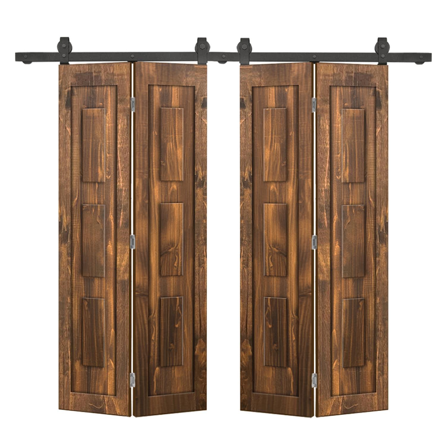 Calhome 3 Panel Shaker Pine Wood Double Bi-Fold Door with Sliding Barn Door Hardware Kit
