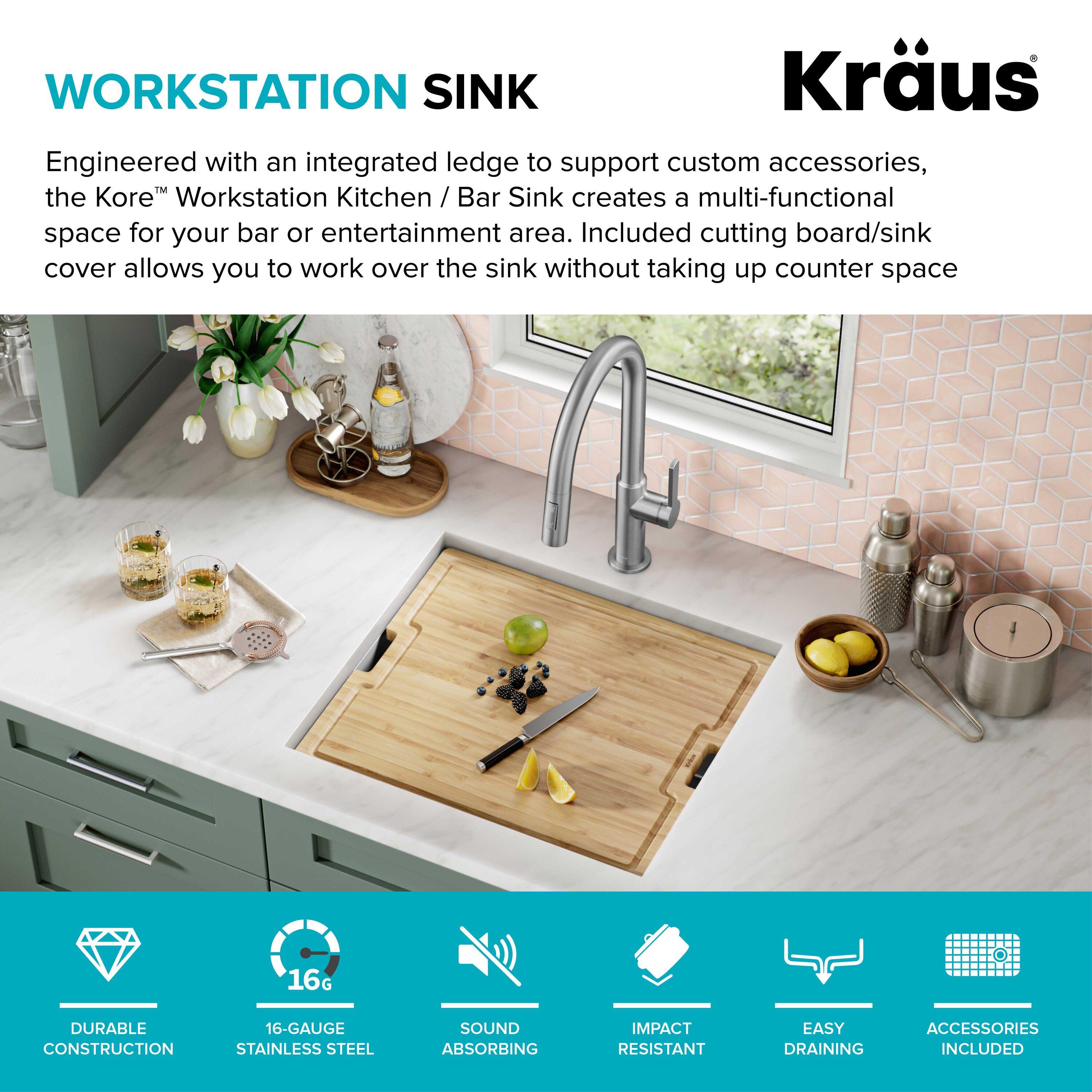 KRAUS Kore™ 21" L Undermount Workstation 16 Gauge Stainless Steel Single Bowl Kitchen Sink with Accessories