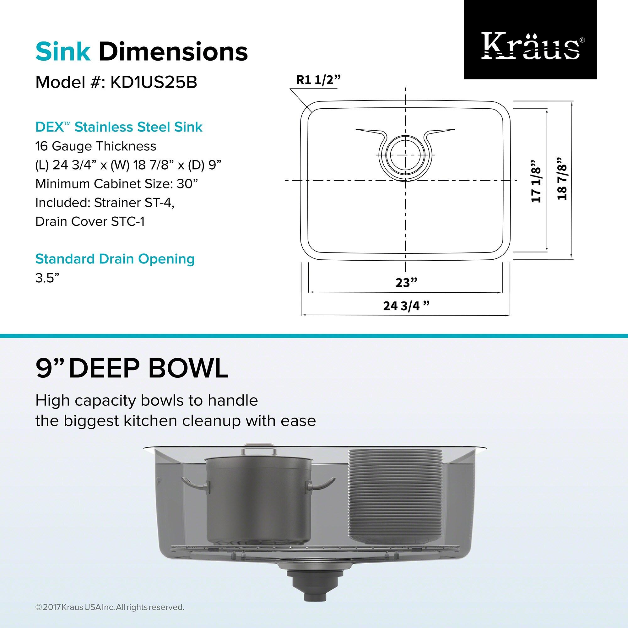 Dex™️ Series KRAUS 25-inch L Undermount Single Bowl TRU16 Gauge Stainless Steel Kitchen Sink with DrainAssure WaterWay