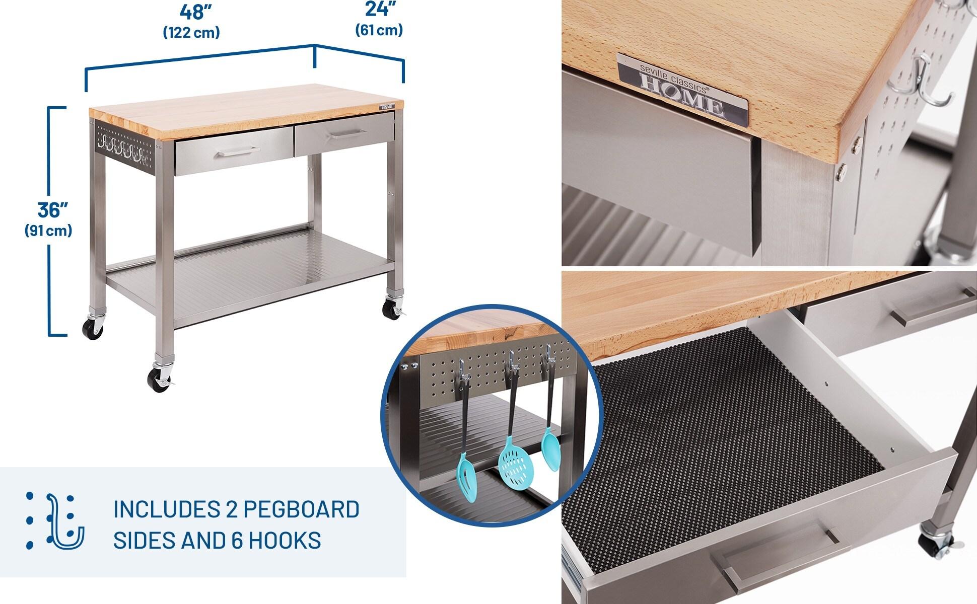 48'' Wide Stainless Steel Kitchen Rolling Cart Island with Solid Wood Top