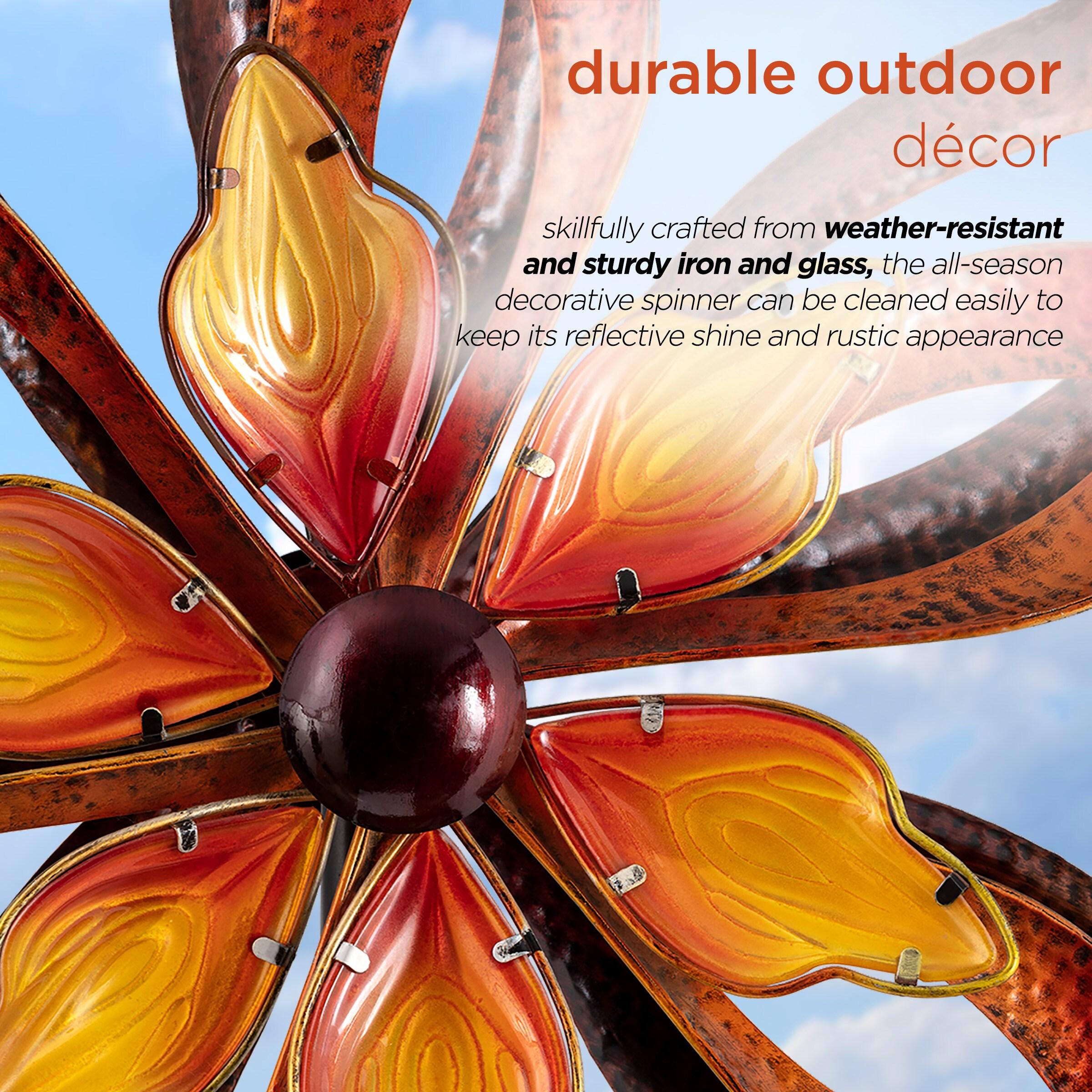 96" Glass/Iron Outdoor Flower Dual Kinetic Spinner Stake Red/Yellow - Alpine Corporation: Yard Art Decor