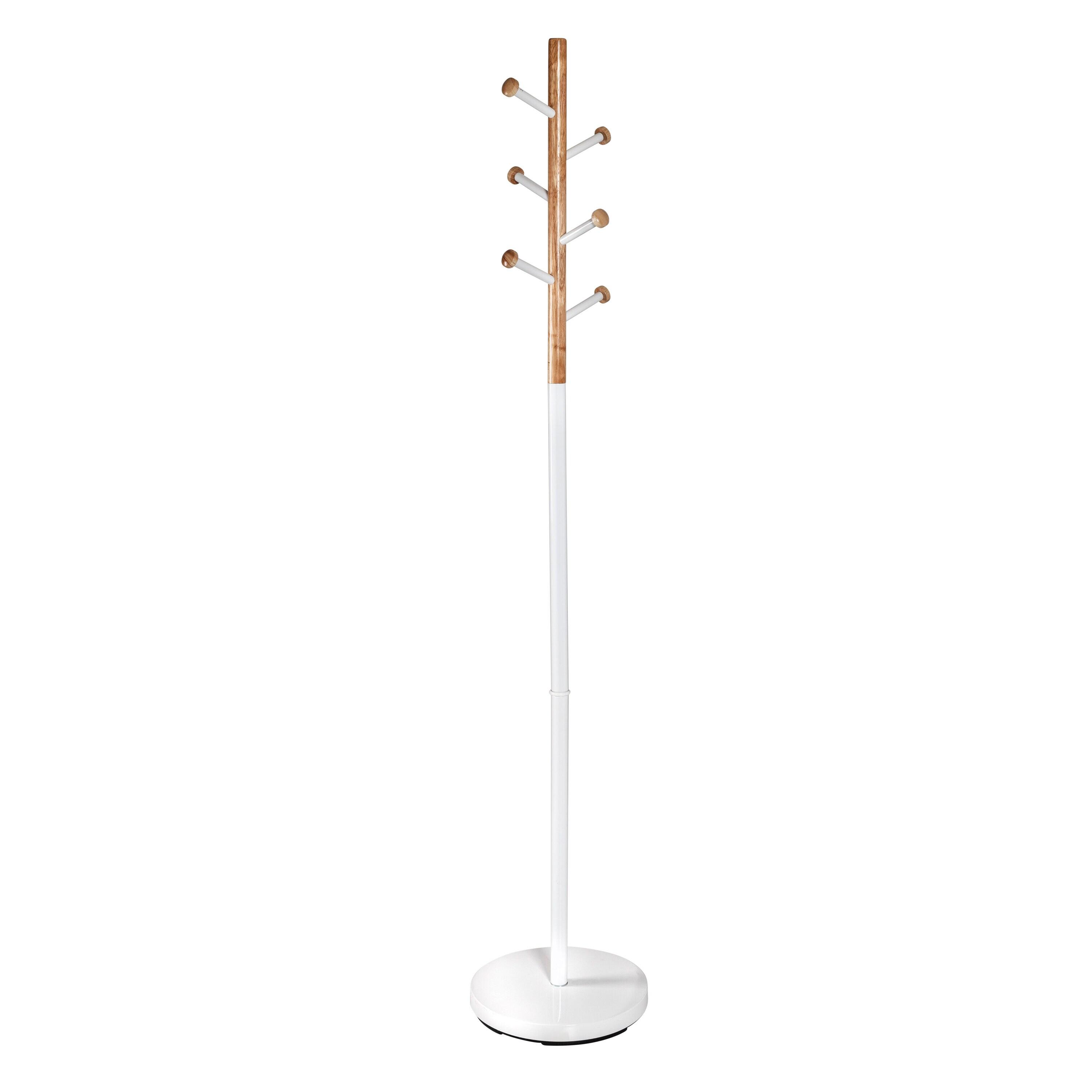 Honey-Can-Do Freestanding Steel Coat Rack with 6 Wood Hooks, White/Natural