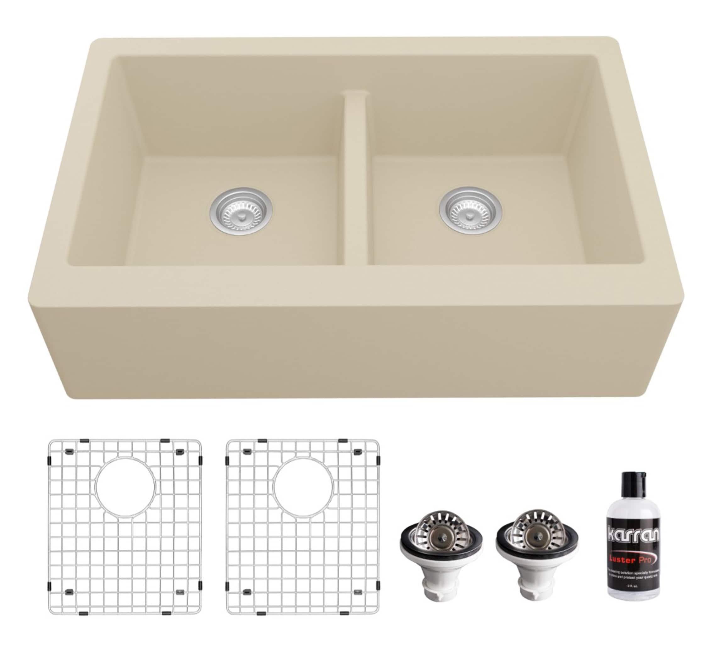 Karran Quartz 34'' X 21-1/4'' 50/50 Double Bowl Farmhouse/Apron Front Kitchen Sink Kit