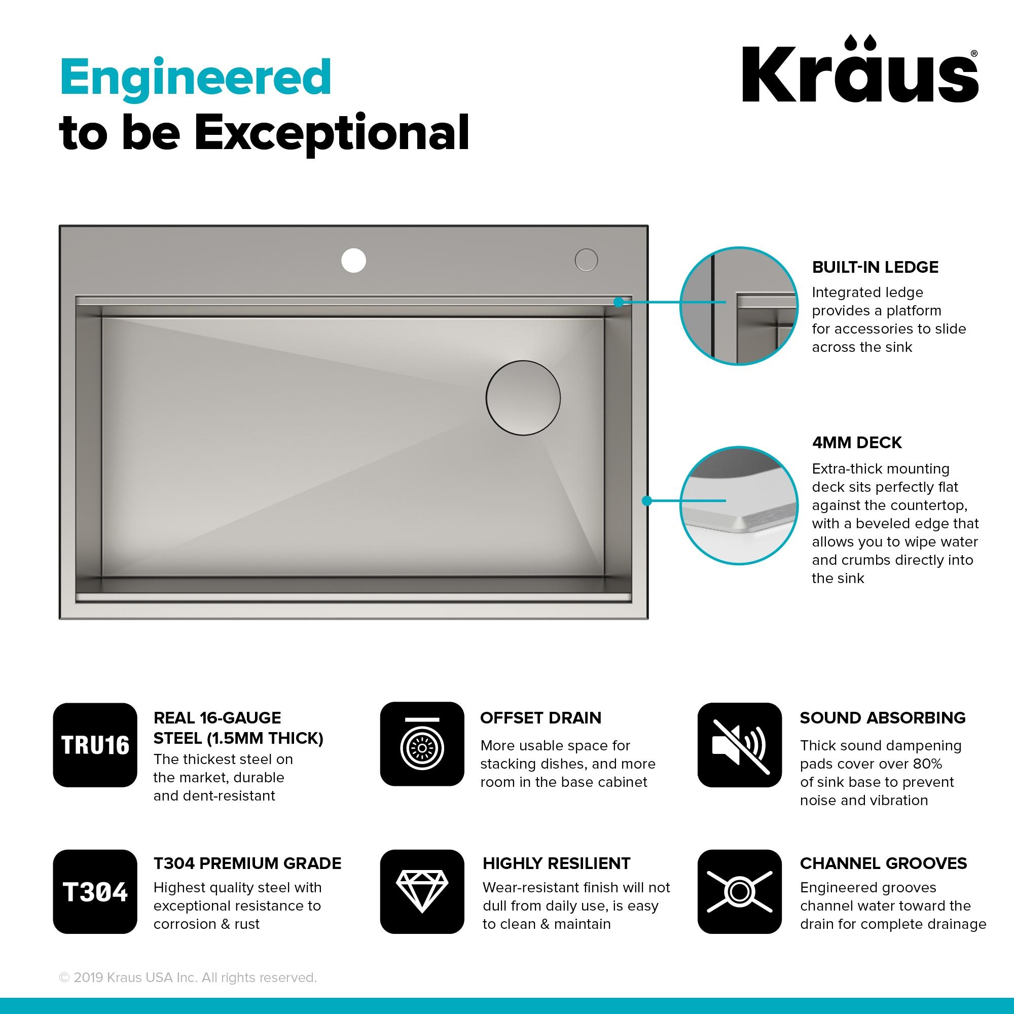 KRAUS Kore™ Workstation 33" L Top Mount Drop-In 16 Gauge Black Stainless Steel Single Bowl Kitchen Sink