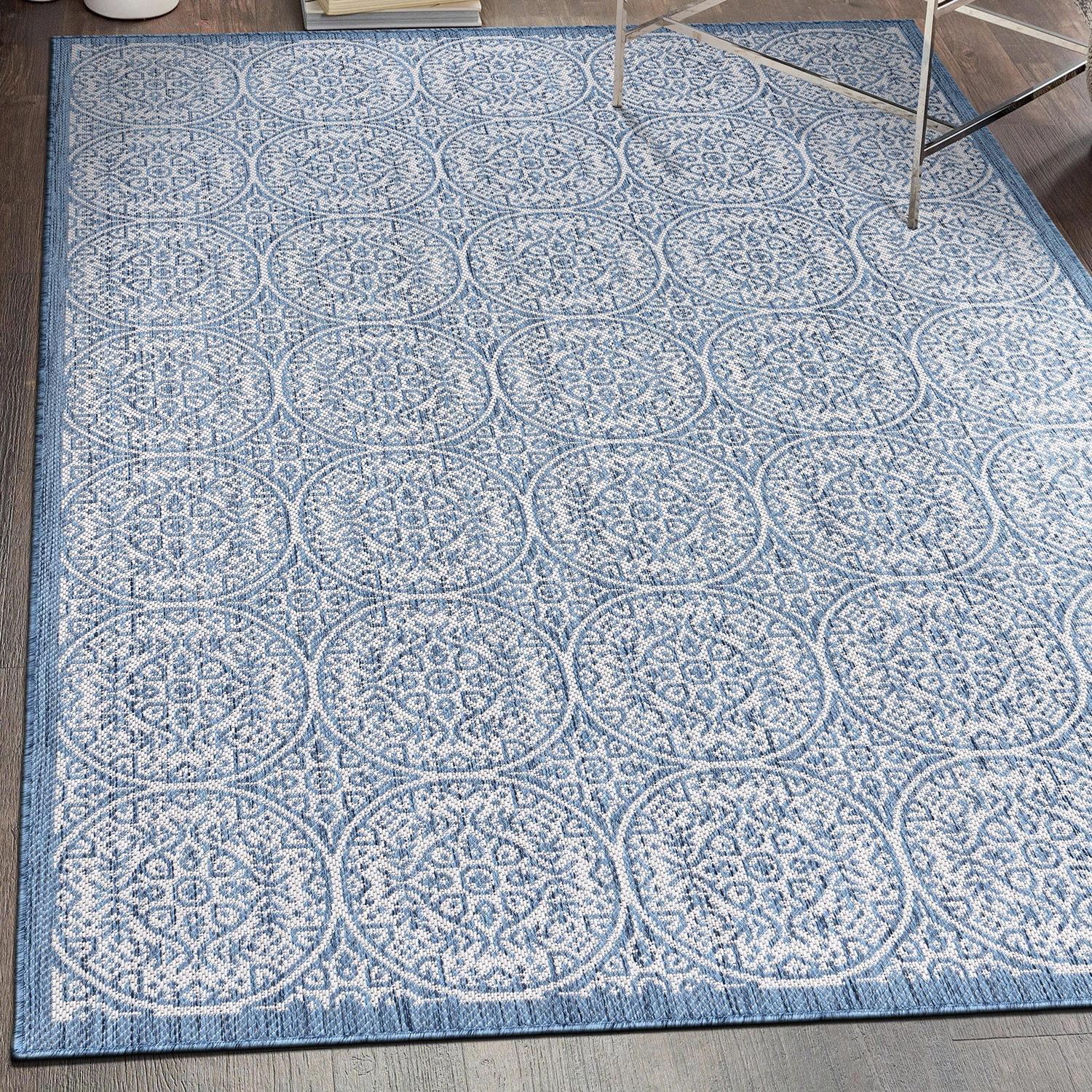 World Rug Gallery Transitional Floral Circles Textured Flat Weave Indoor/Outdoor Area Rug - BLUE 5' X 7'