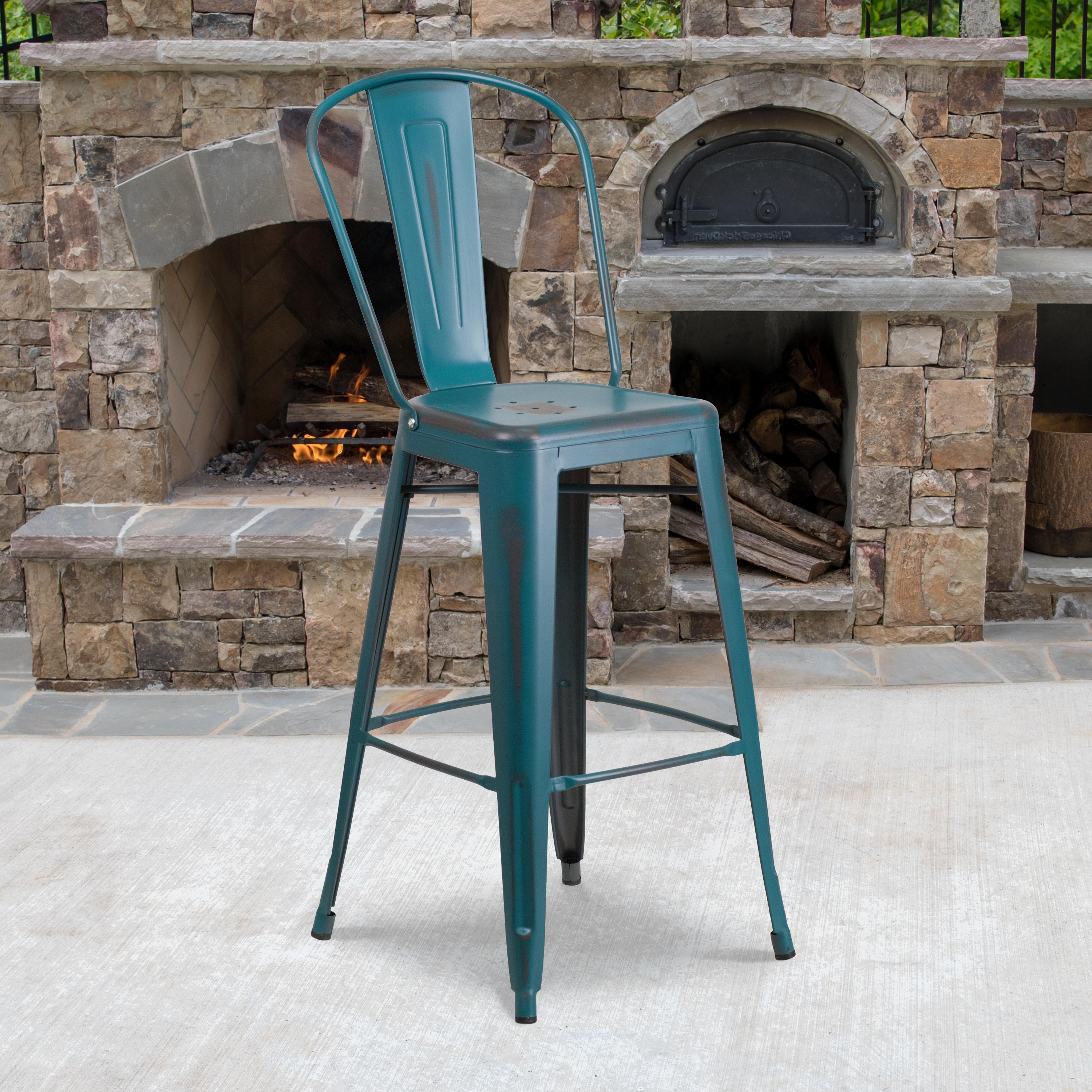 Flash Furniture Commercial Grade 30" High Distressed Kelly Blue-Teal Metal Indoor-Outdoor Barstool with Back