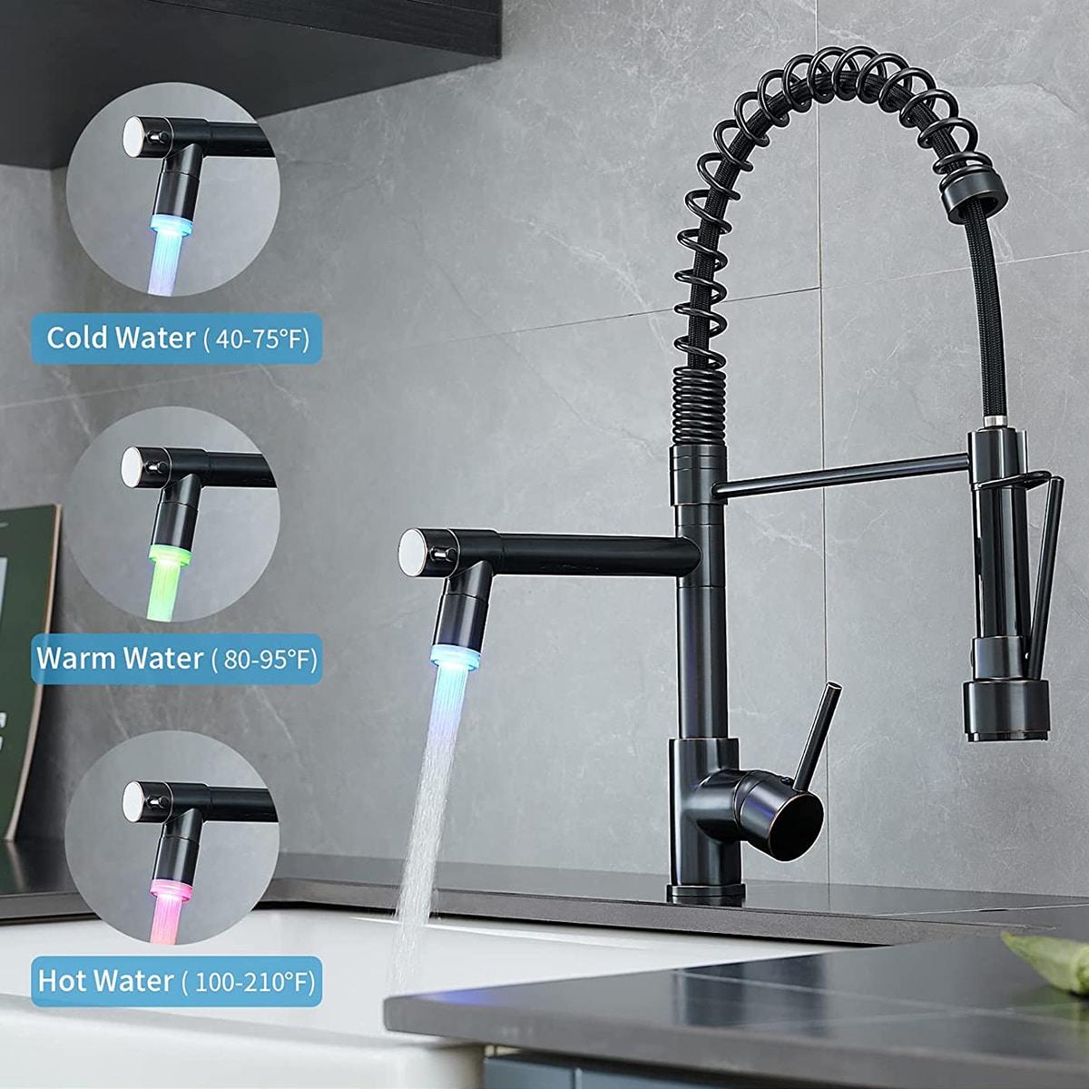 Fapully Commercial Single Handle Pull Down Sprayer Oil Rubbed Bronze Kitchen Faucet, Kitchen Sink Faucet with LED Light