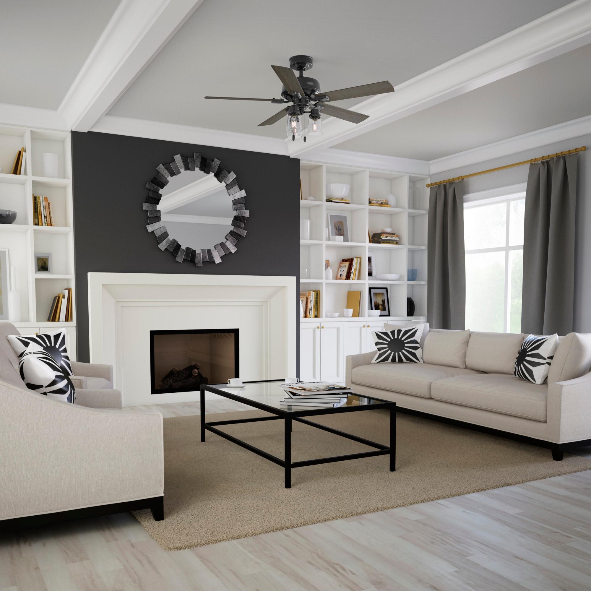 Hunter - Hartland Indoor Ceiling Fan With Light, 52-inch, Matte Black, Casual-style, 3-speed WhisperWind Motor, 51745, for living rooms, bedrooms, home offices, kitchens