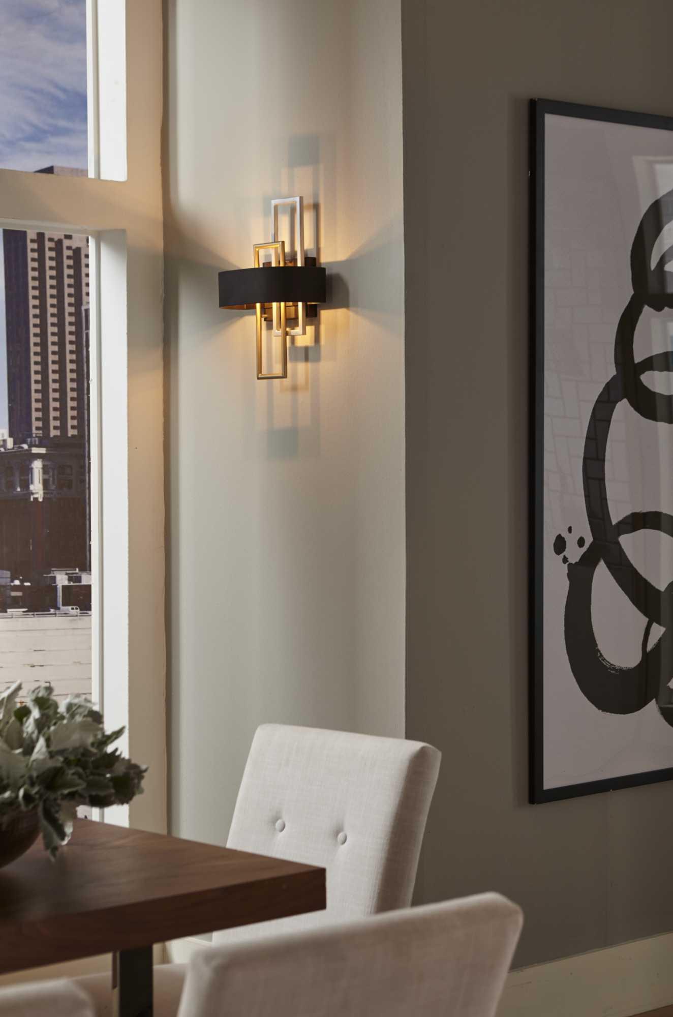 Progress Lighting Adagio 2-Light Wall Sconce, Black, Geometric Pattern, Steel, Damp Rated, Brushed Silver and Brass Accents
