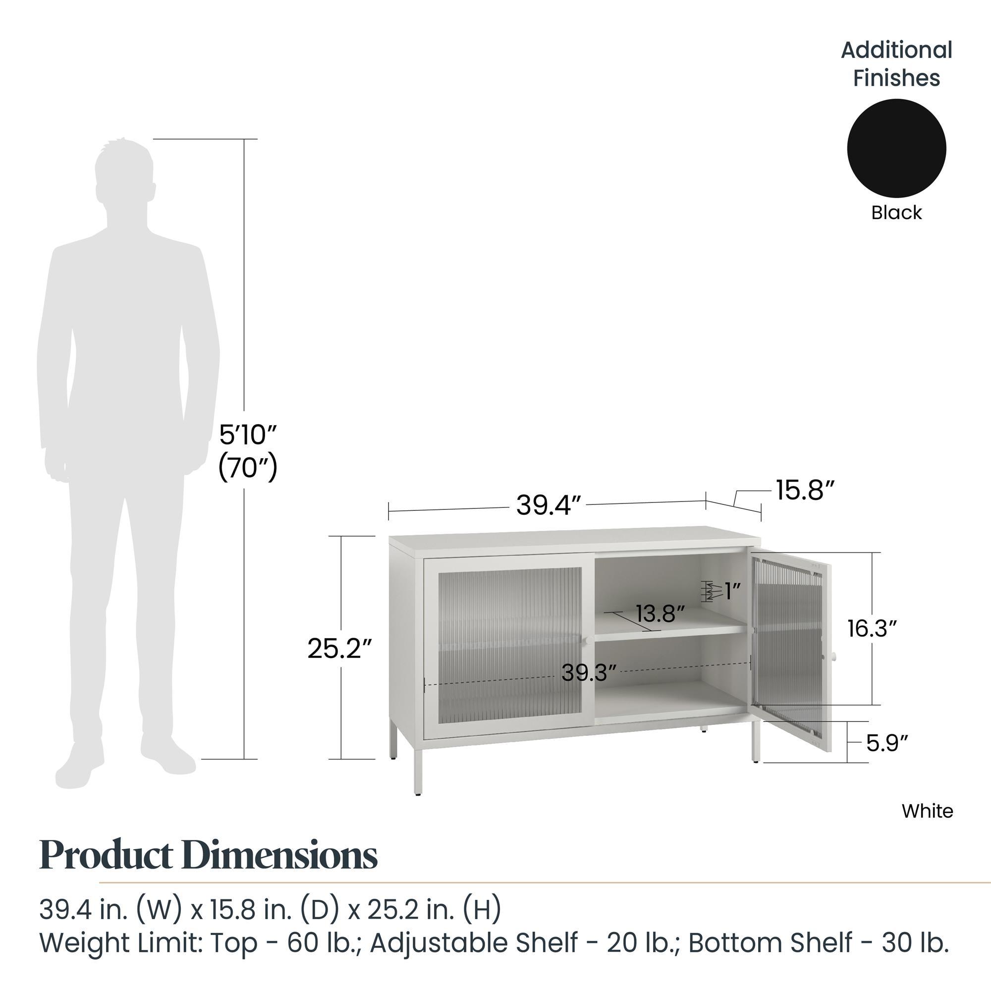 Systembuild Evolution Ashbury Heights 2 Door Storage Cabinet-Fluted Glass Metal Locker, Black