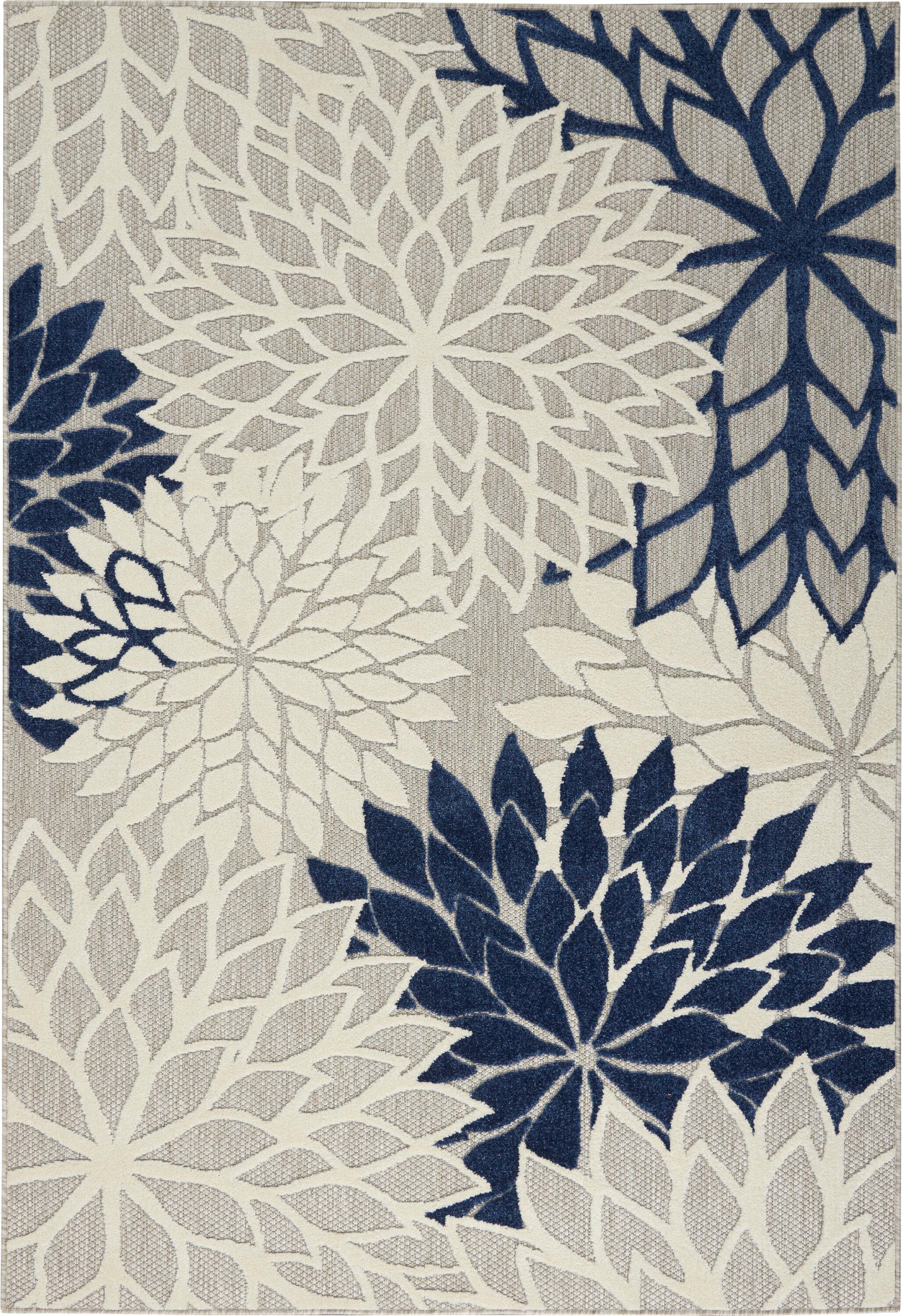 Nourison Aloha Floral Bloom Flatweave High-Low Indoor Outdoor Area Rug Ivory/Navy 6' x 9'