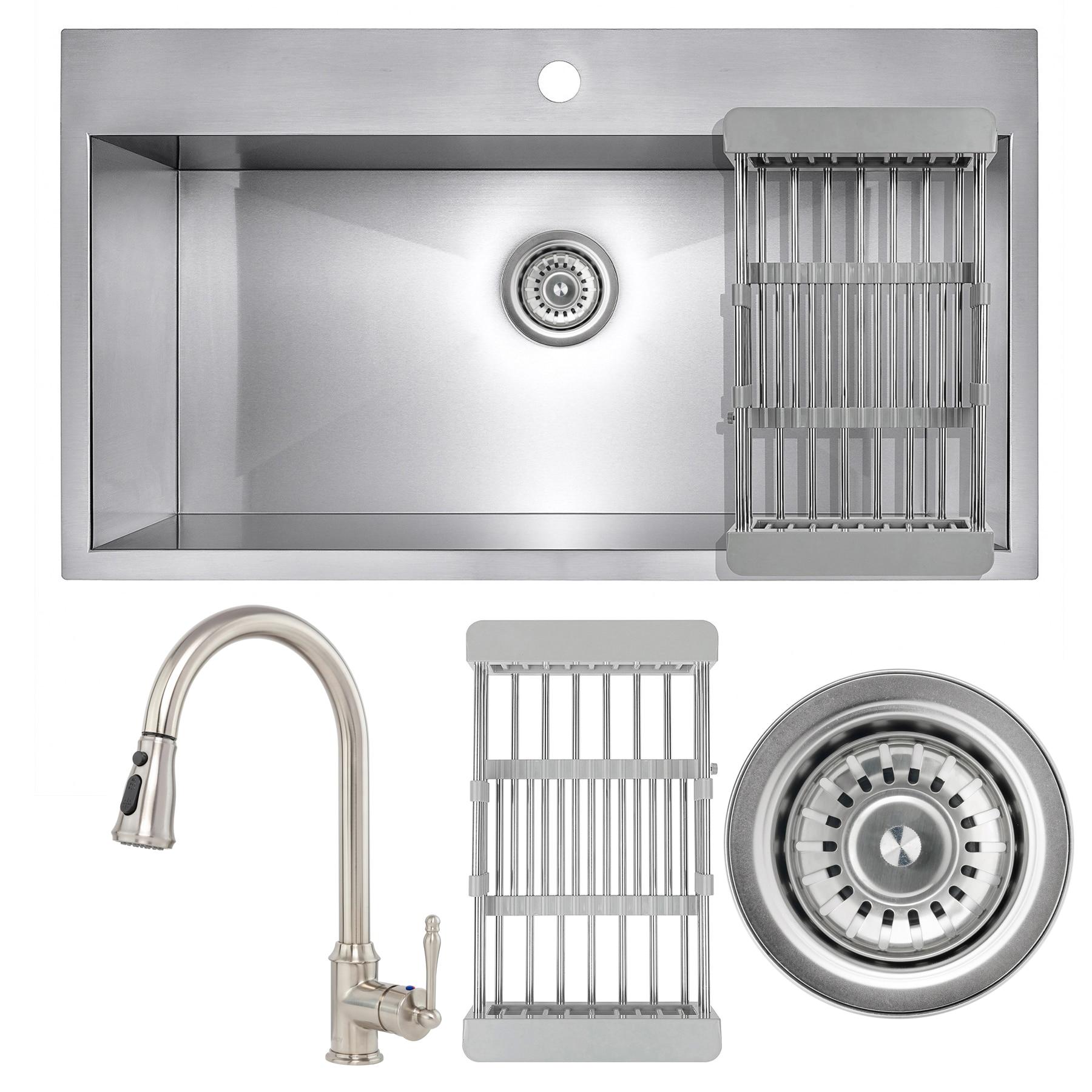 Drop-In 32-in x 18-in Brushed Stainless Steel Single Bowl 1-Hole Kitchen Sink All-in-one Kit