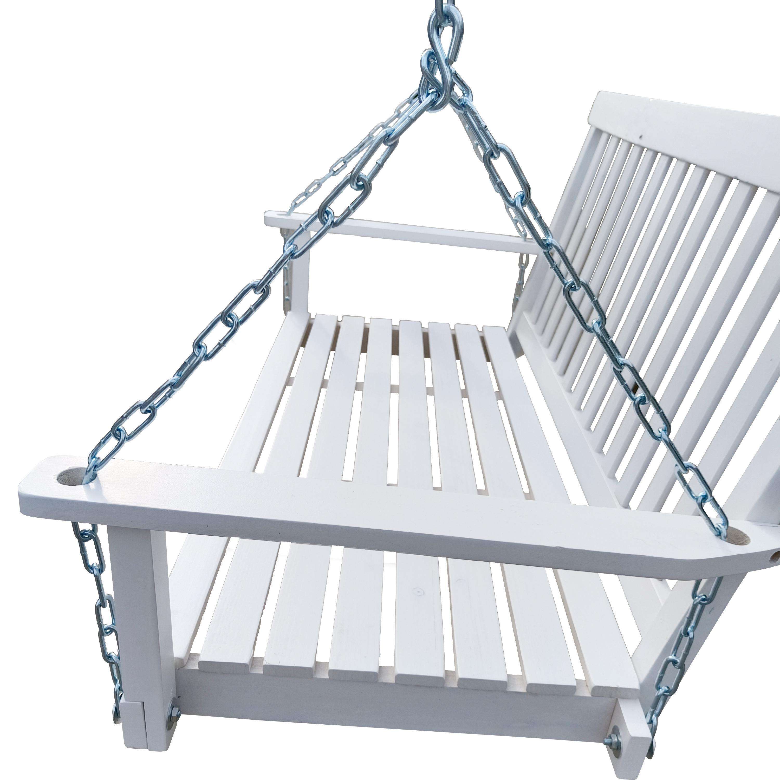 Front Porch Swing with Armrests, Outdoor Patio All-Weather Wooden Bench Swing with Hanging Chains, 3-Seater Swing Seat, Wooden Tree Swing for Outdoor Garden Yard backyard, 800 lb Weight Capacity White