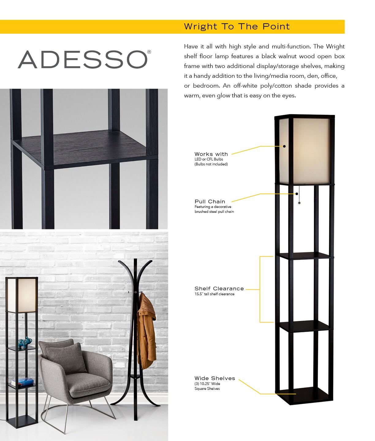 63" Wright Shelf Floor Lamp - Adesso: Black Walnut, Pull Chain, Storage Display