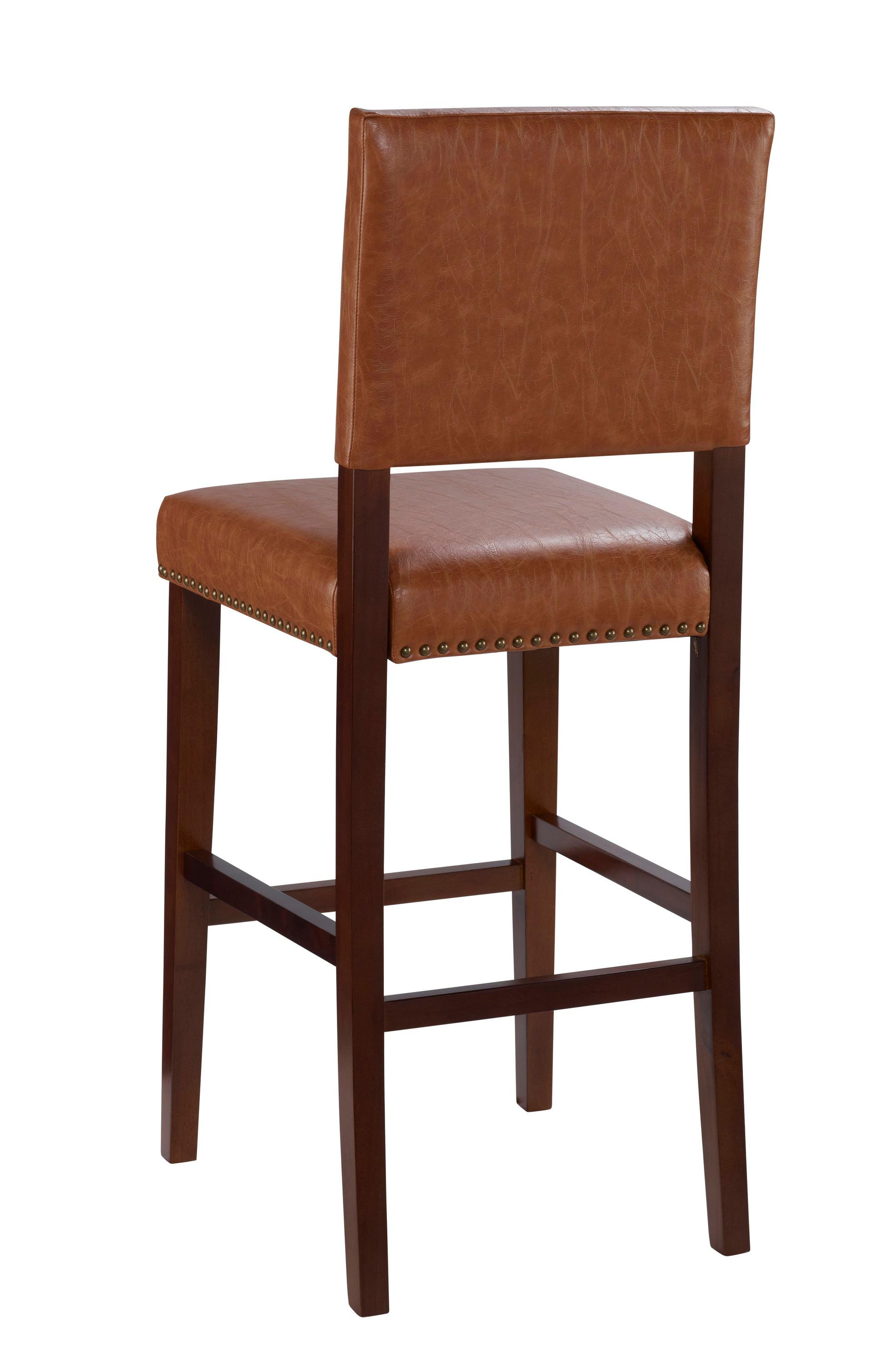 29" Brooke Padded Back Faux Leather Nailhead Barstool Caramel - Linon: Solid Wood Legs, 30" Seat Height