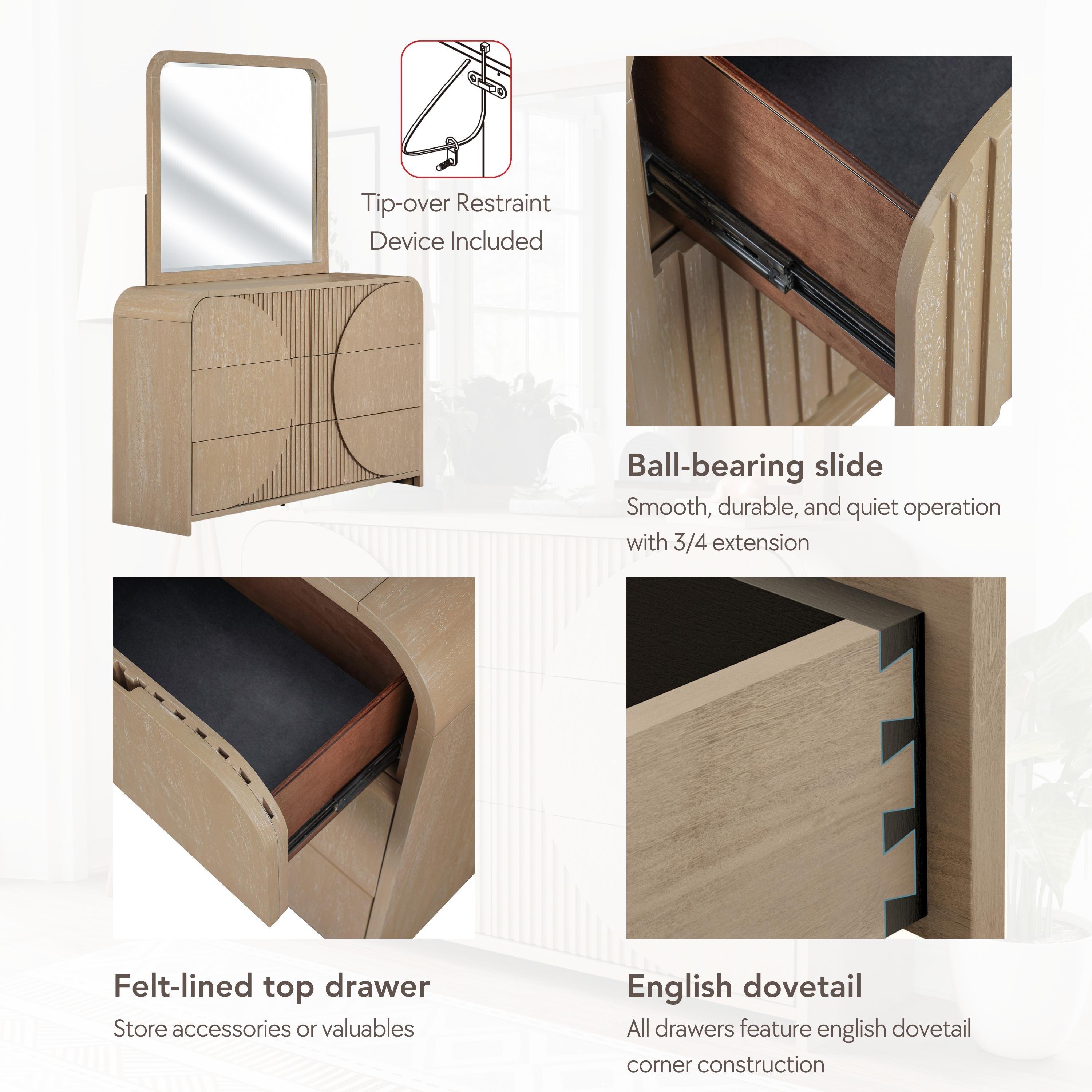 Furniture of America Tissen Modern Solid Wood 5-Piece Queen Bedroom Set with USB Ports, Reeded Panels, Curved Edges and Beveled Mirror, Box Spring Needed, Natural