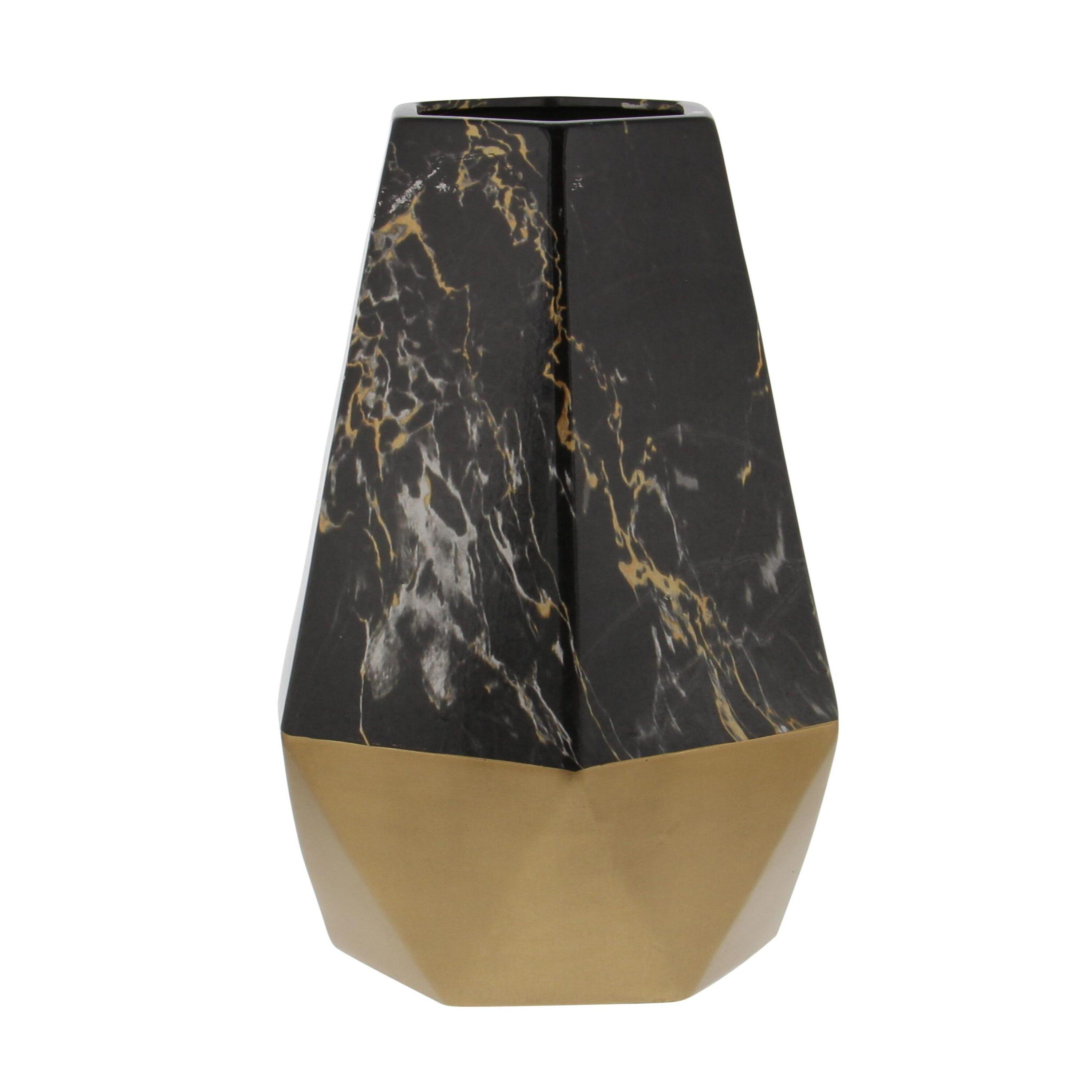 Mercer41 Bhavya Ceramic Faux Marble Decorative Dark Gray Vase with Gold Base