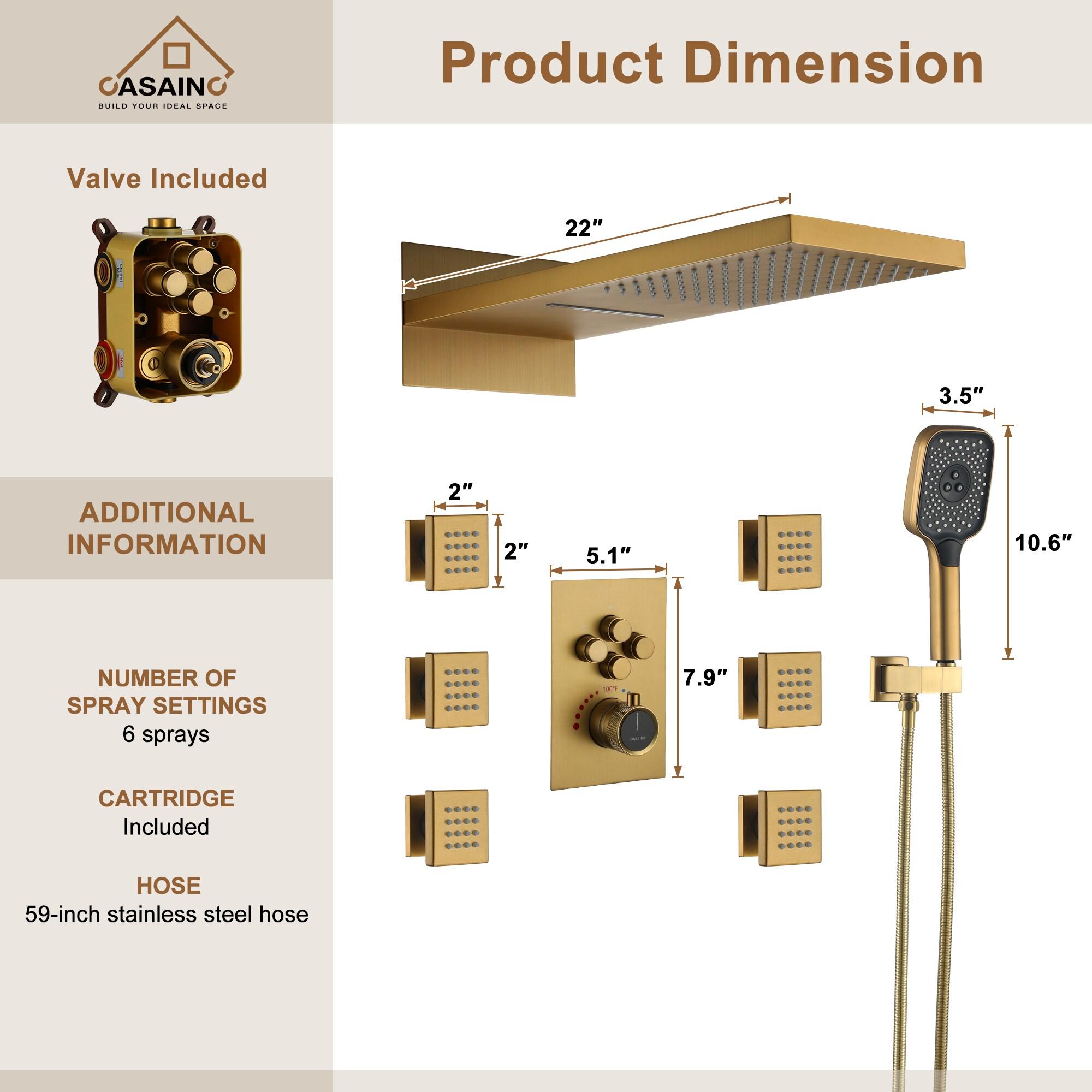 Cascade Bliss 4-Function 20 Inch Wall Mounted Rectangular Rainfall Thermostatic Shower System With 6 Body Jets