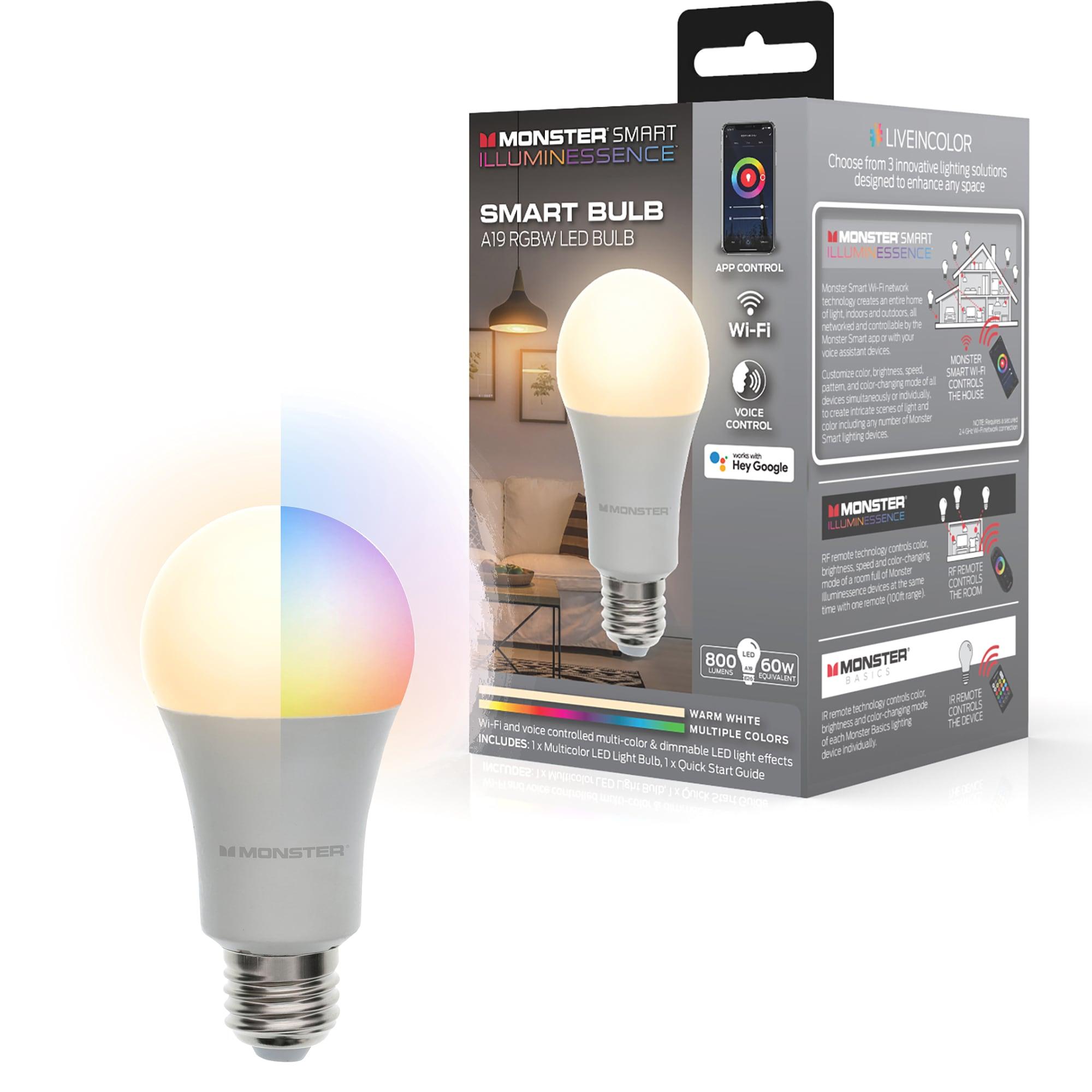 Monster LED Smart Wi-Fi Multi-Color and Warm-White LED Light Bulb, Indoor 60W, E26, A19, 1-Pack