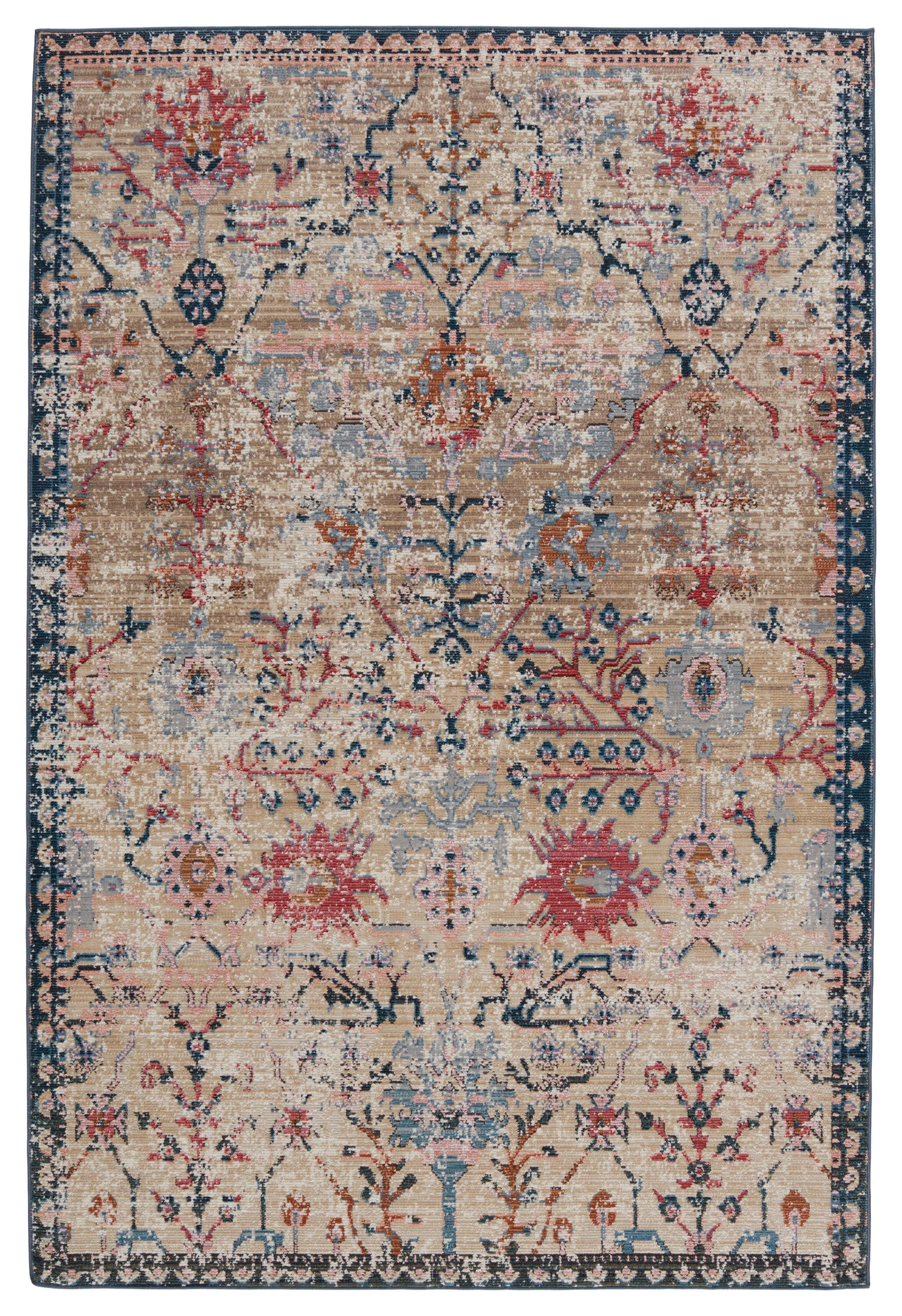 Tan and Blue Synthetic 8' x 10' Rectangular Area Rug