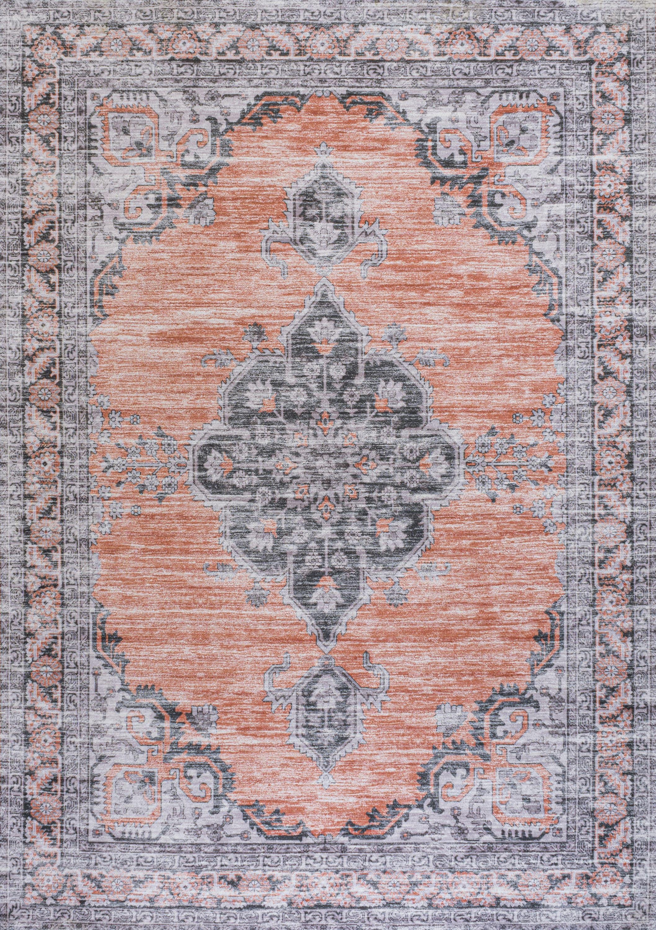 Wincer Chenille Cottage Medallion Machine-Washable Orange/Gray 5 ft. x 8 ft. Area Rug - JONATHAN Y