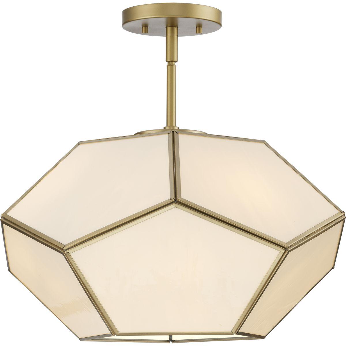 Progress Lighting Latham 3-Light Semi-Flush Mount, Vintage Gold, White Art Glass. Geometric framework with handmade glass.