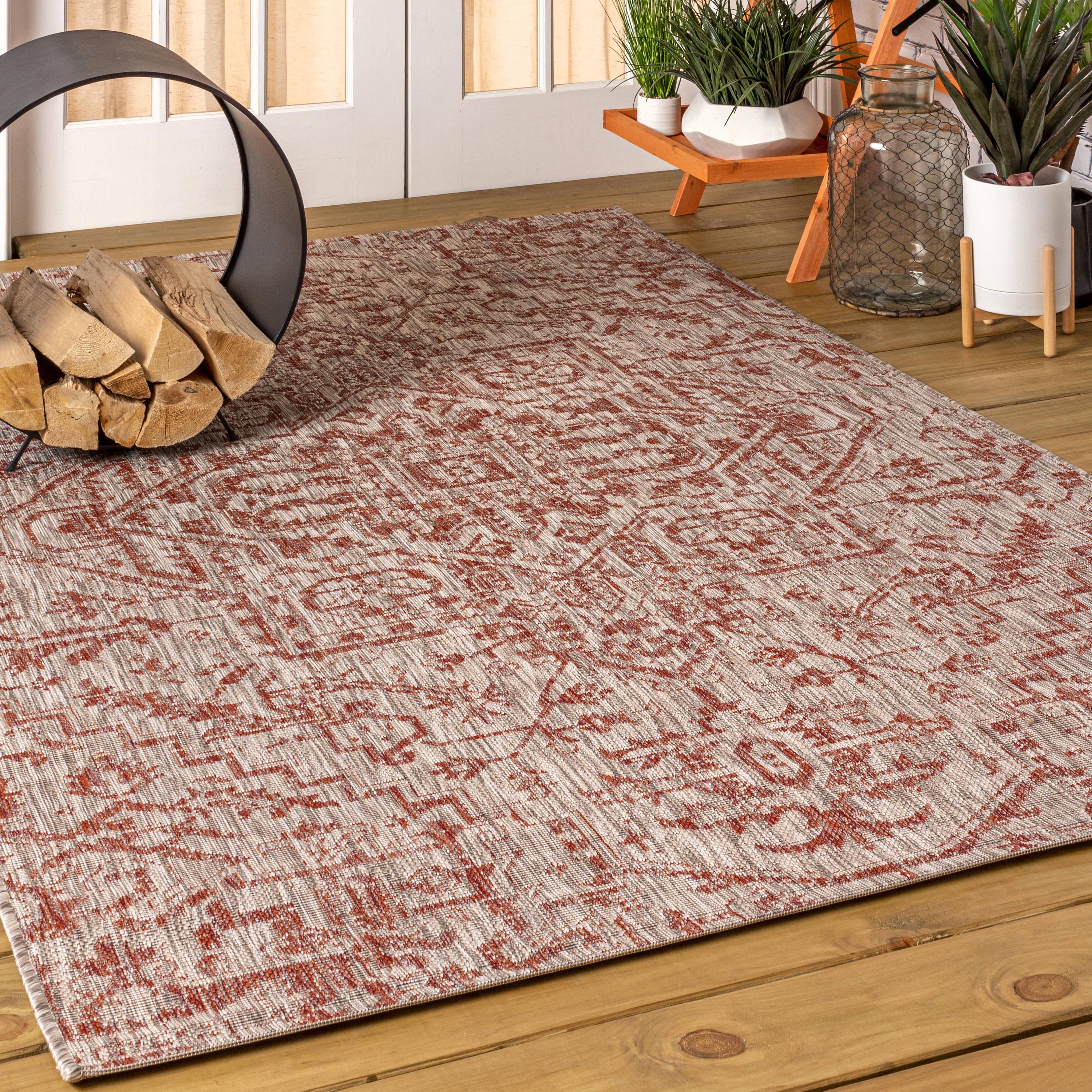 8'x10' Estrella Bohemian Medallion Textured Weave Indoor/Outdoor Area Rug, Red/Taupe - JONATHAN Y