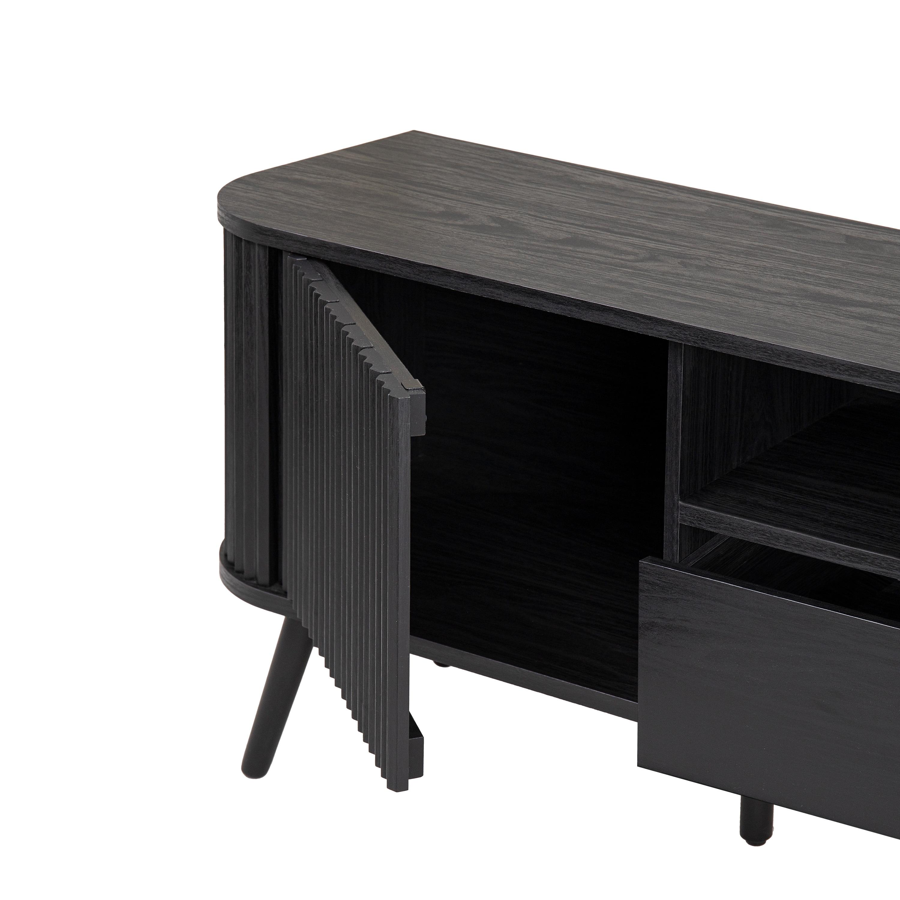 JONATHAN Y Damien 70 in. Farmhouse Curved TV Stand with Drawer and Storage Doors Fits TVs up to 75 in. with Cable Management, Black