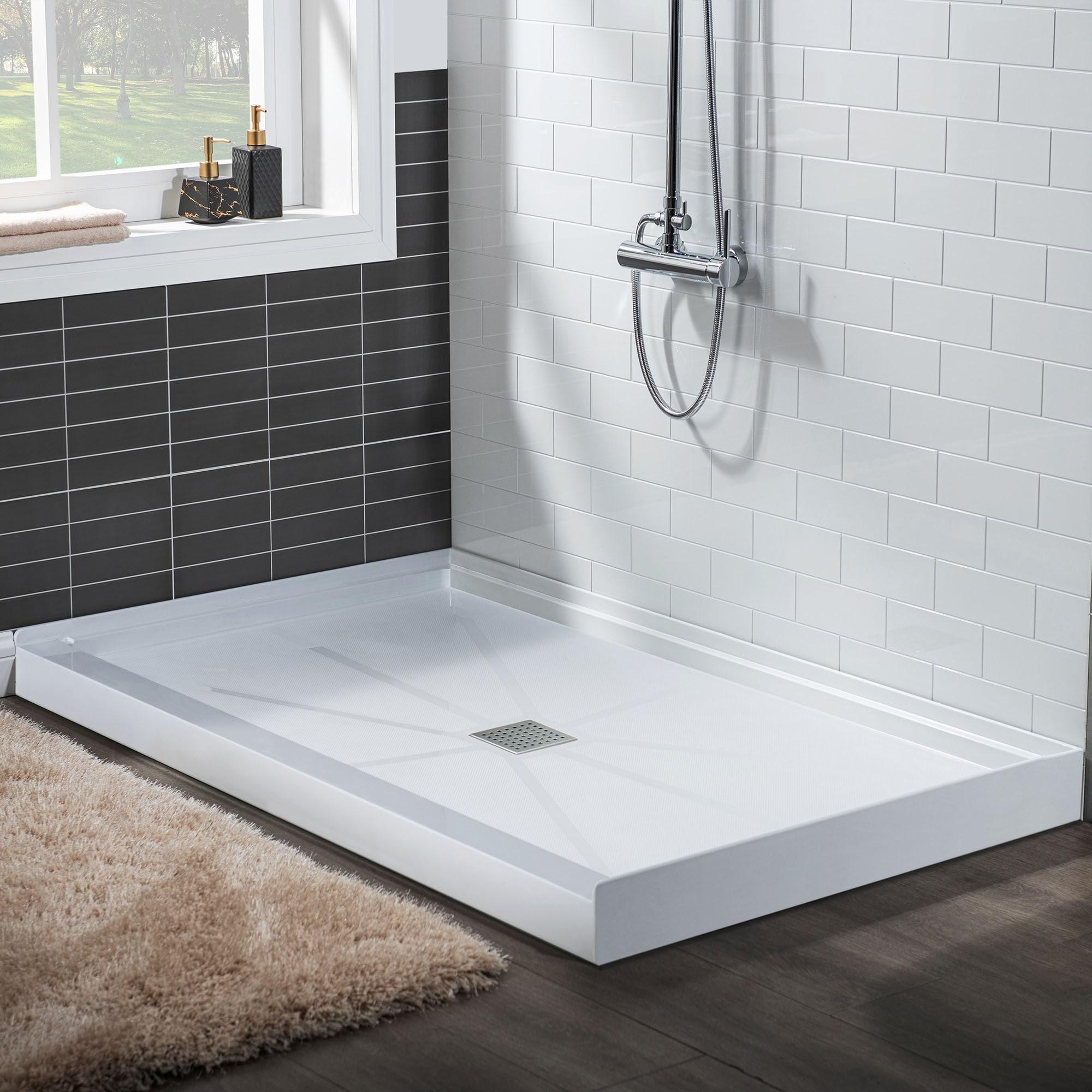 48" W x 36" Solid Surface Single Threshold Shower Pan Base with Drain Assembly & Drain Cover Included, Non-Slip