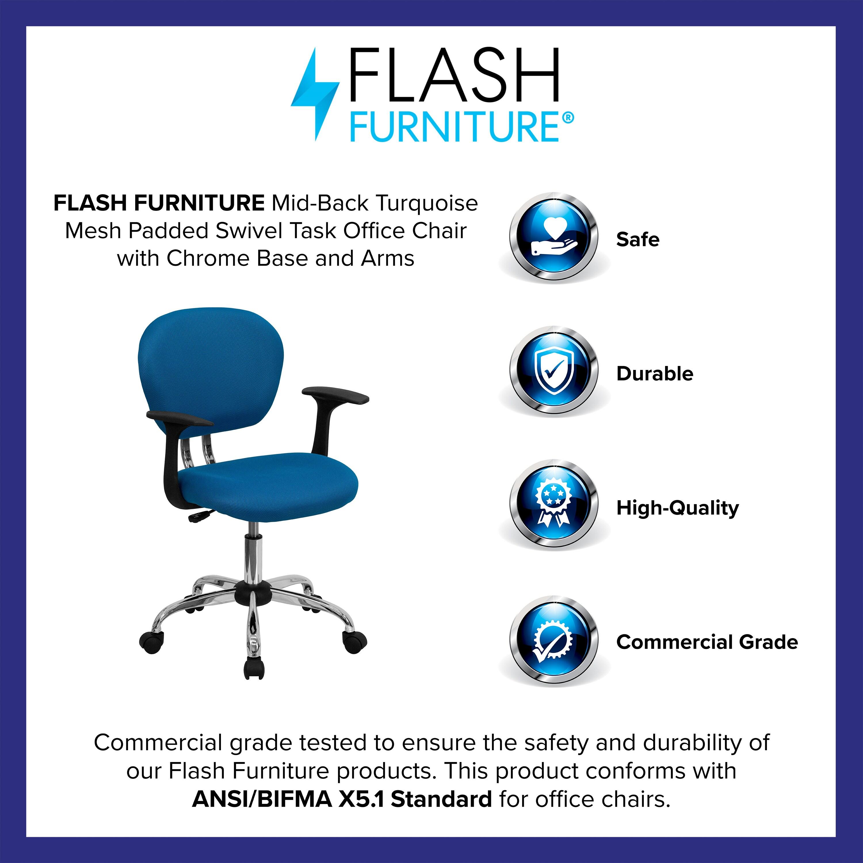 Flash Furniture Mid-Back Turquoise Mesh Padded Swivel Task Office Chair with Chrome Base and Arms