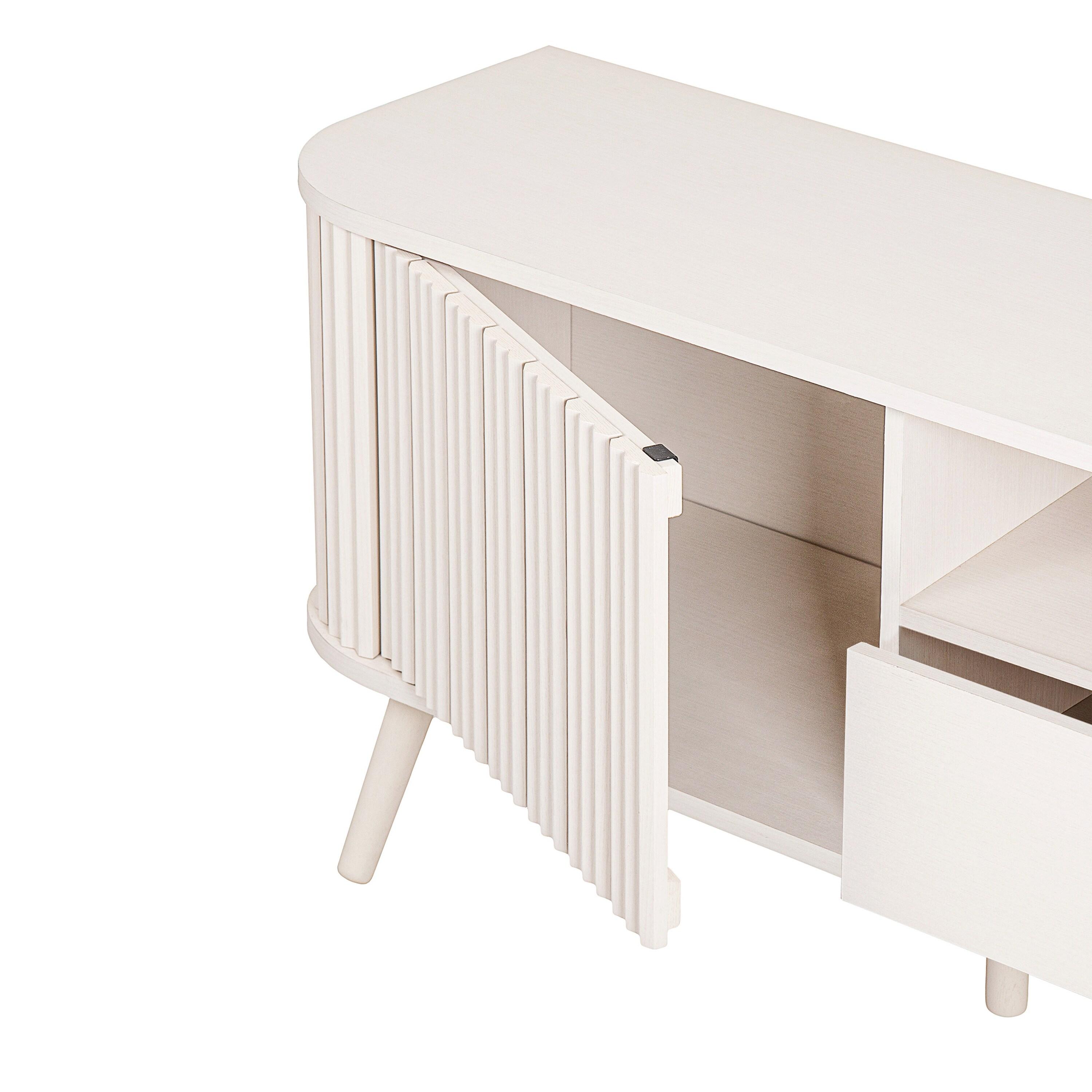 JONATHAN Y Damien 70 in. Farmhouse Curved TV Stand with Drawer and Storage Doors Fits TVs up to 75 in. with Cable Management, Off-White