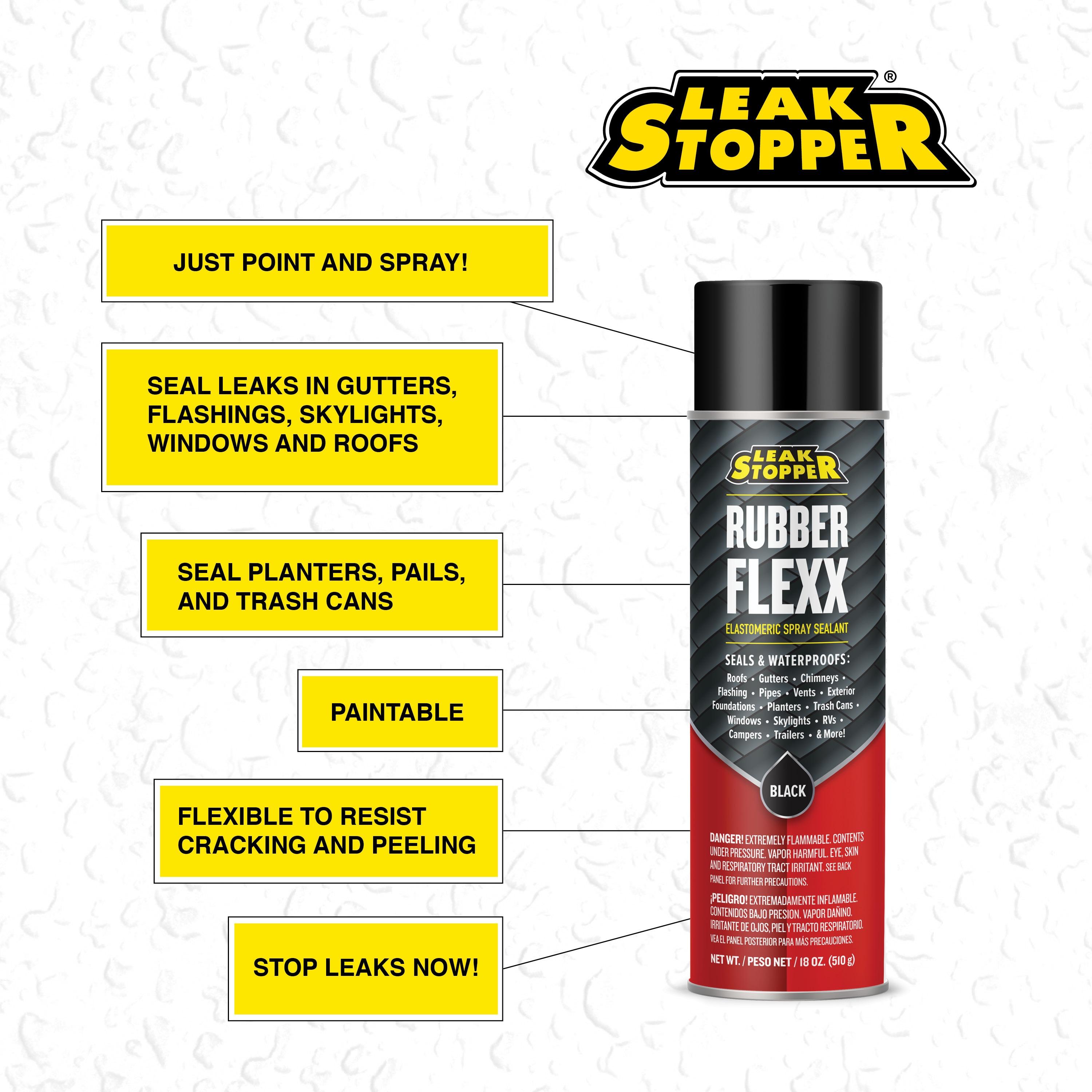 Leak Stopper Rubber Flexx - 15oz Waterproof Repair & Sealant Spray, Black, 1 Pack