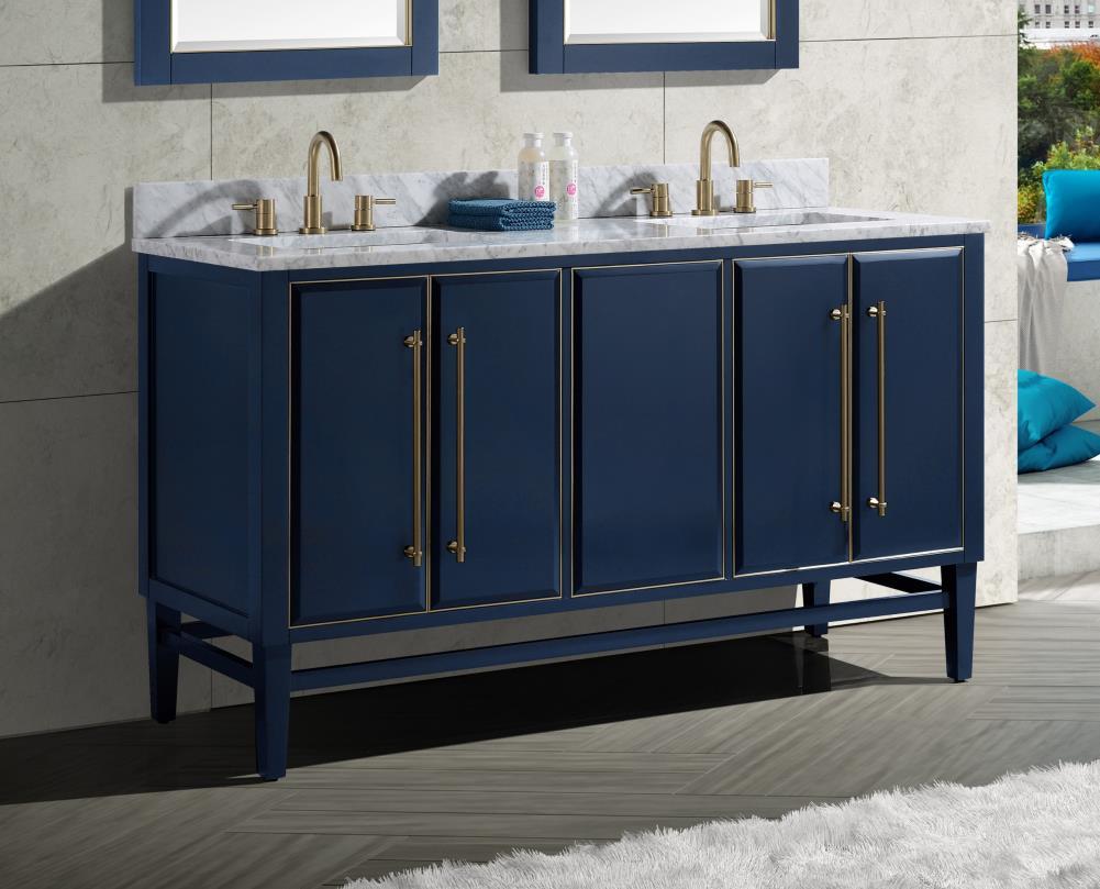 Navy Blue and Gold Double Sink Vanity with Marble Top