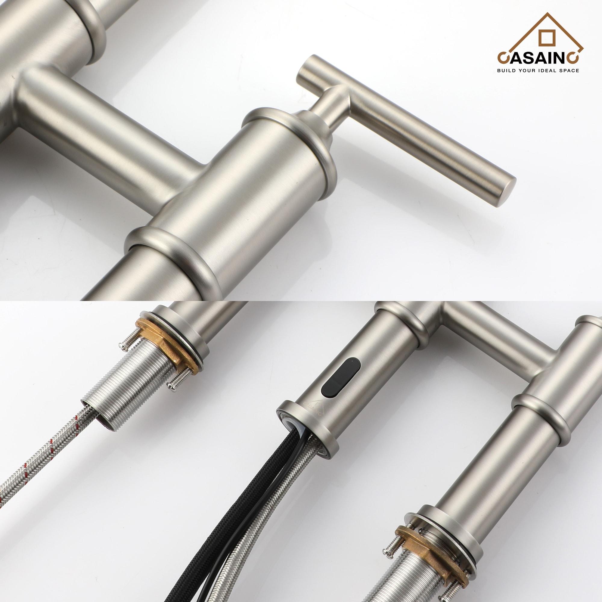 Double Handle Pull-Out Sprayer Bridge Kitchen Faucet with Infrared Sensor in Brushed Nickel