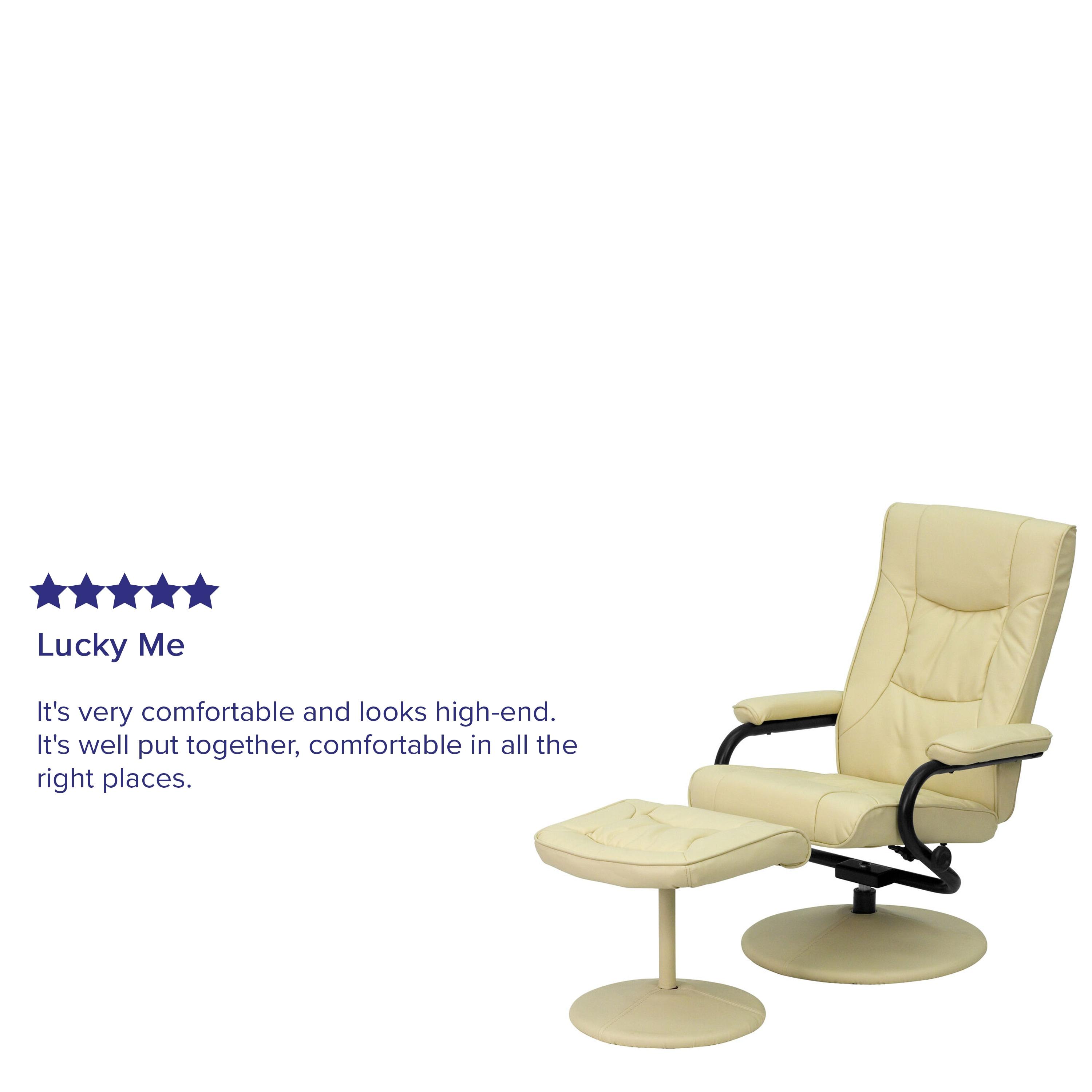 BizChair Contemporary Multi-Position Recliner and Ottoman with Wrapped Base in Cream LeatherSoft