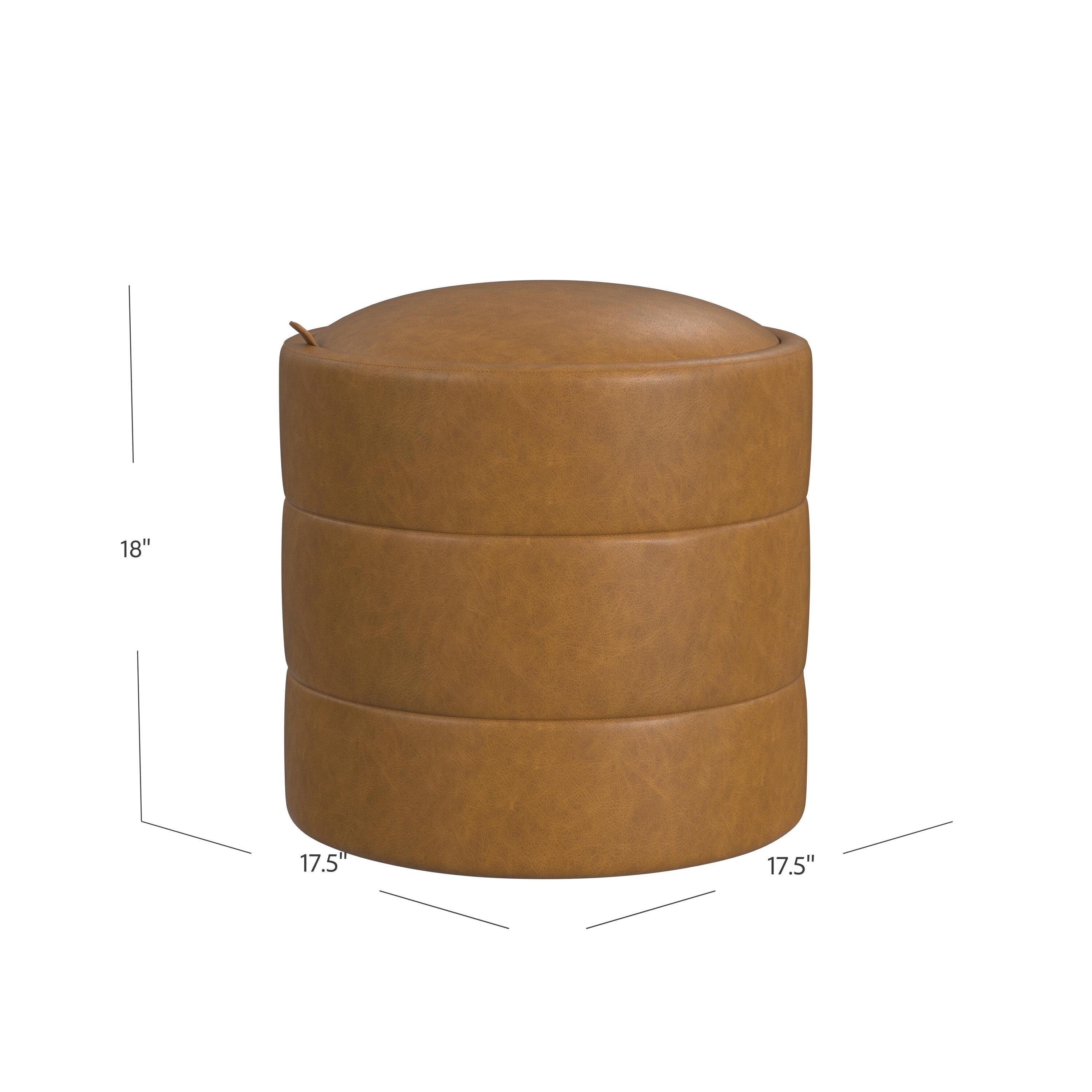 HomePop Storage Round Ottoman Caramel: Upholstered Vanity Stool, Footrest with MDF Frame