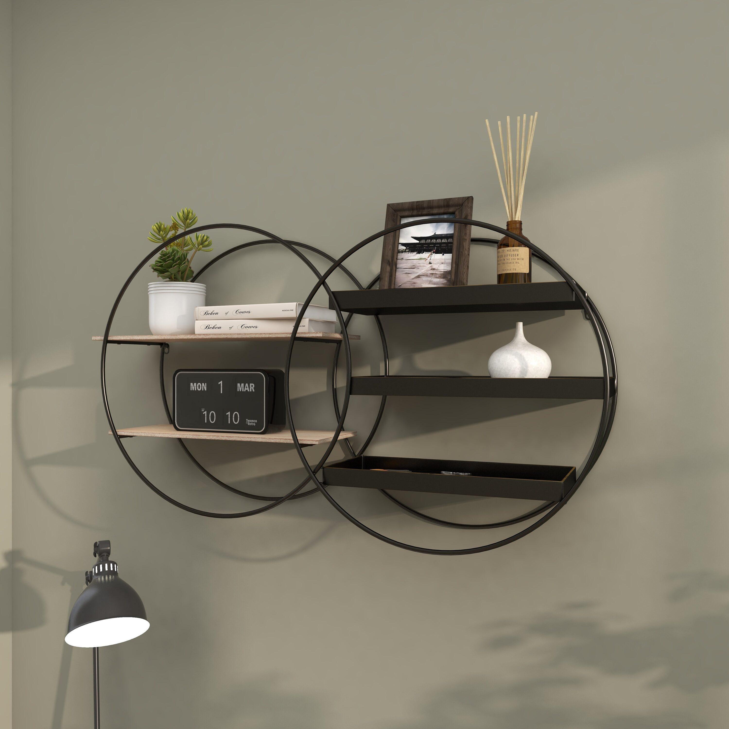 Black Iron and Dark Wood Circular Floating Wall Shelf