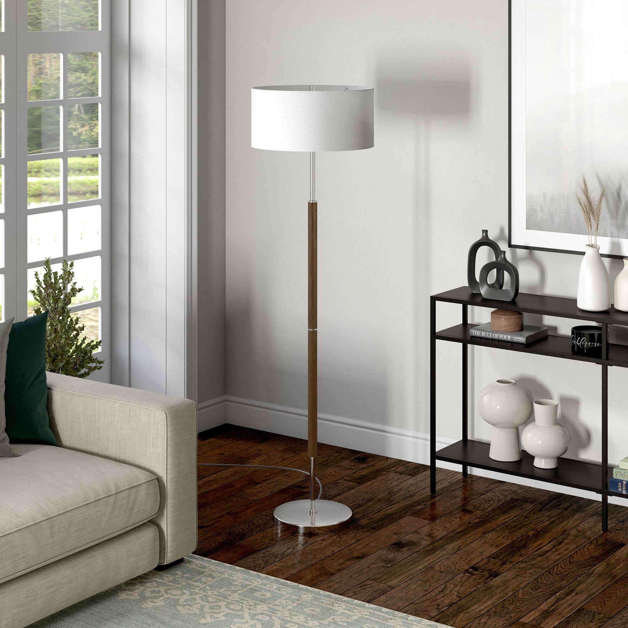 Evelyn&Zoe Simone 2-Light Floor Lamp with Fabric Shade, Rustic Oak/Polished Nickel/White