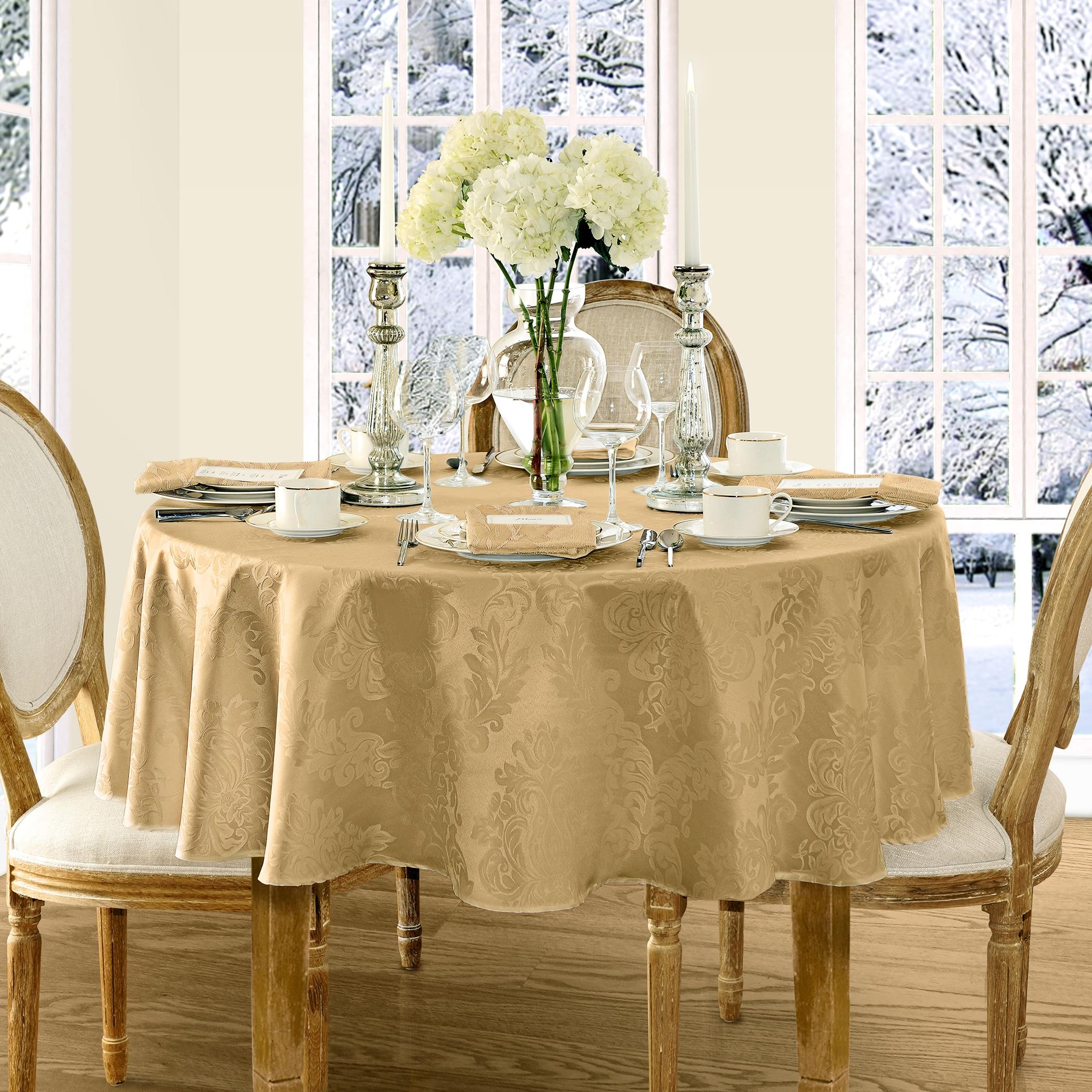 Barcelona Jacquard Damask Stain Resistant Tablecloth - 60" x 84" Oval - Gold - Elrene Home Fashions