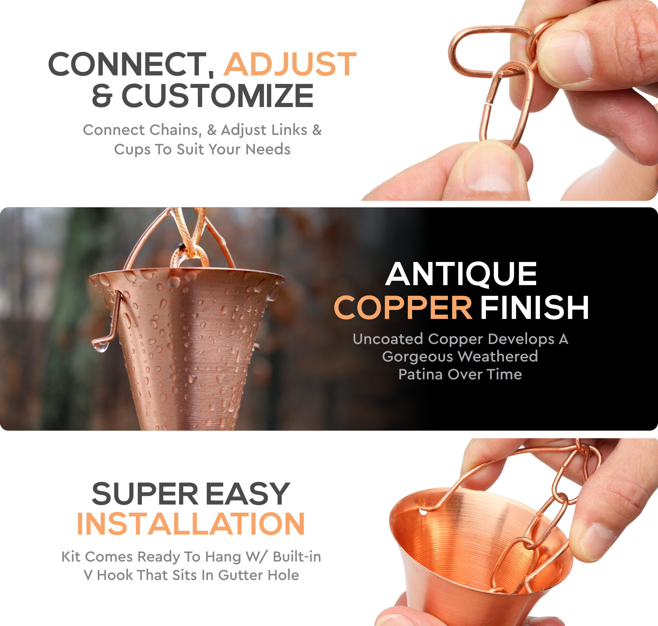 Marrgon Copper Rain Chain with Bell Style Cups for Gutter Downspout Replacement