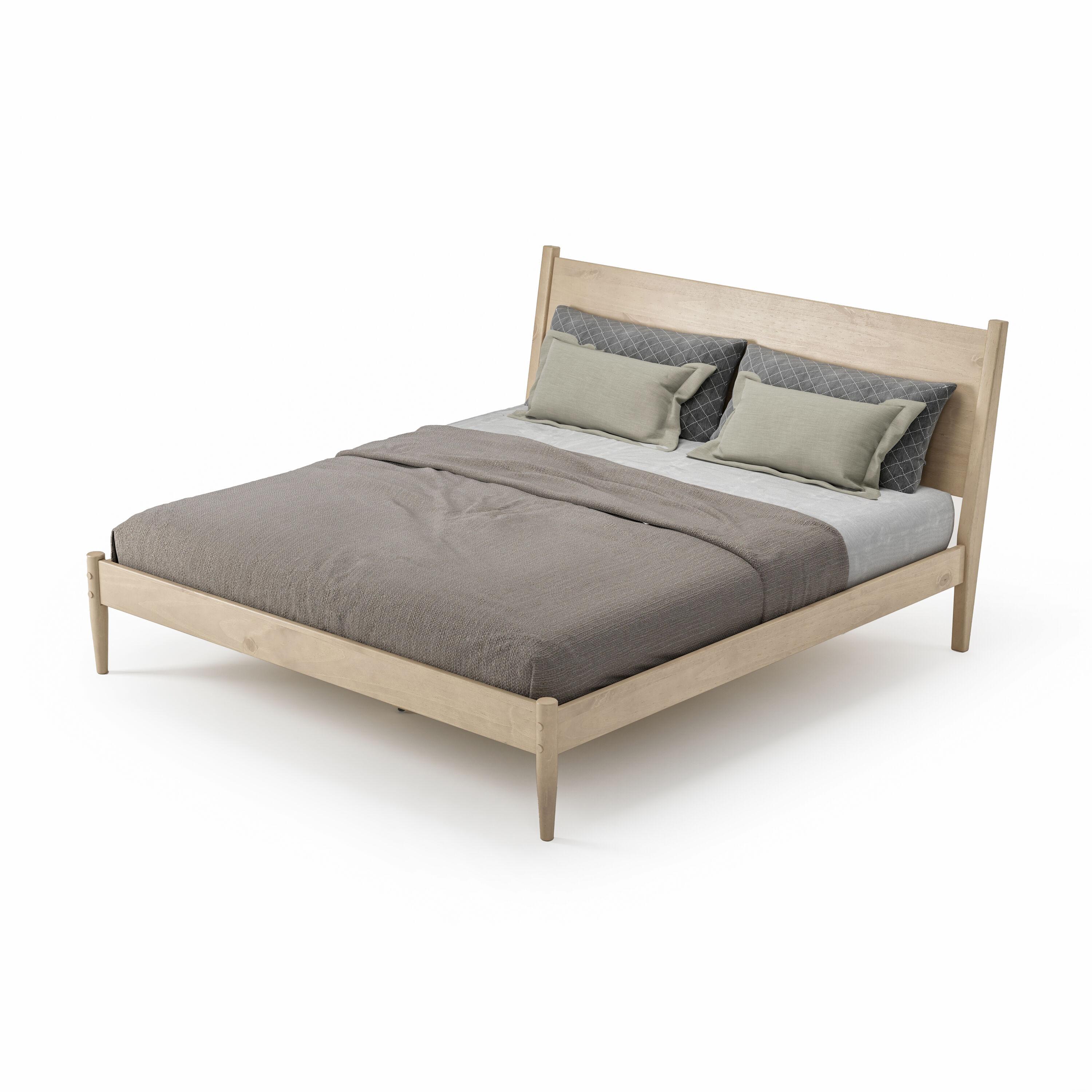 Mid-Century Light Oak King Pine Wood Upholstered Platform Bed