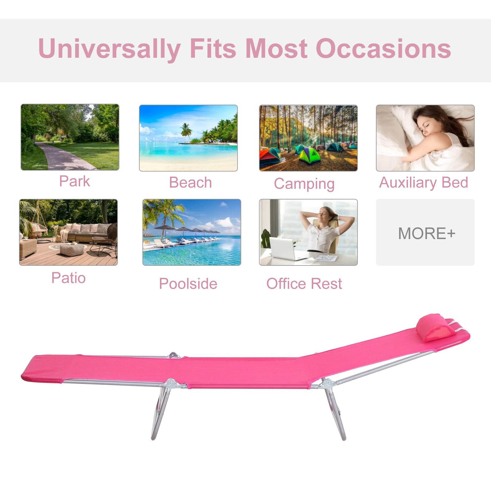 Outsunny Foldable Outdoor Chaise Lounge Chair, 5-Level Reclining Camping Tanning Chair with Breathable Mesh Fabric and Headrest, Pink