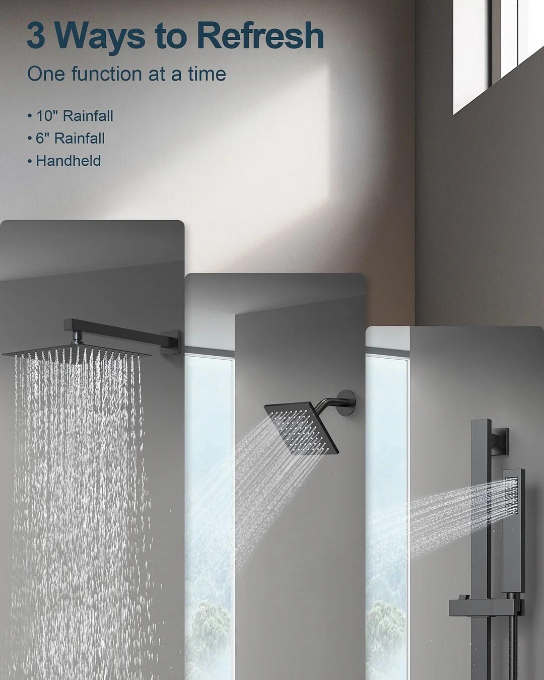 GRANDJOY Complete Shower System, 10" and 6" Dual Wall Mount Rain Shower Faucets with Handheld Shower Spray, High Pressure in Matte Black