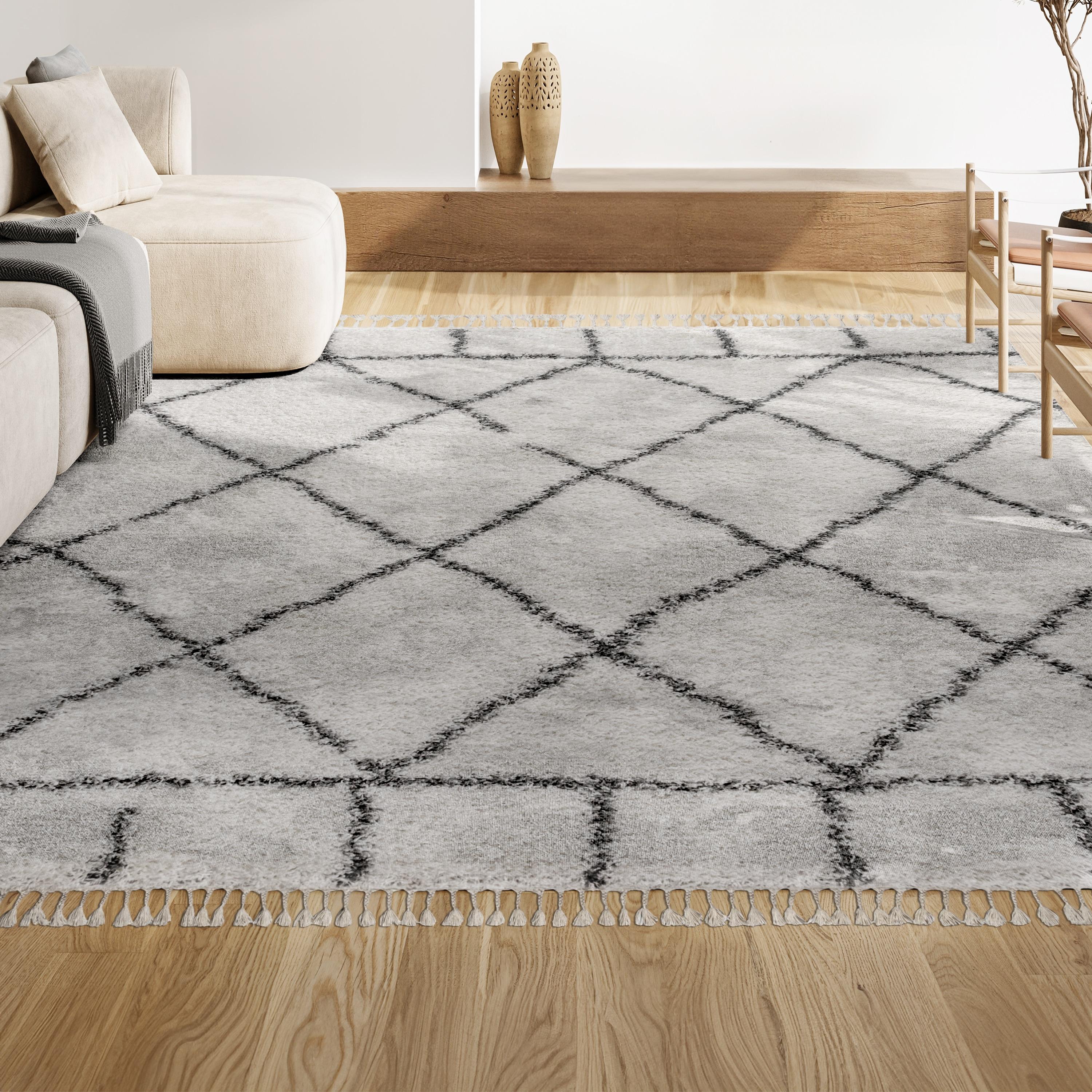 8'x10' Mercer Shag Plush Tassel Moroccan Geometric Trellis Area Rug, Cream/Grey - JONATHAN Y