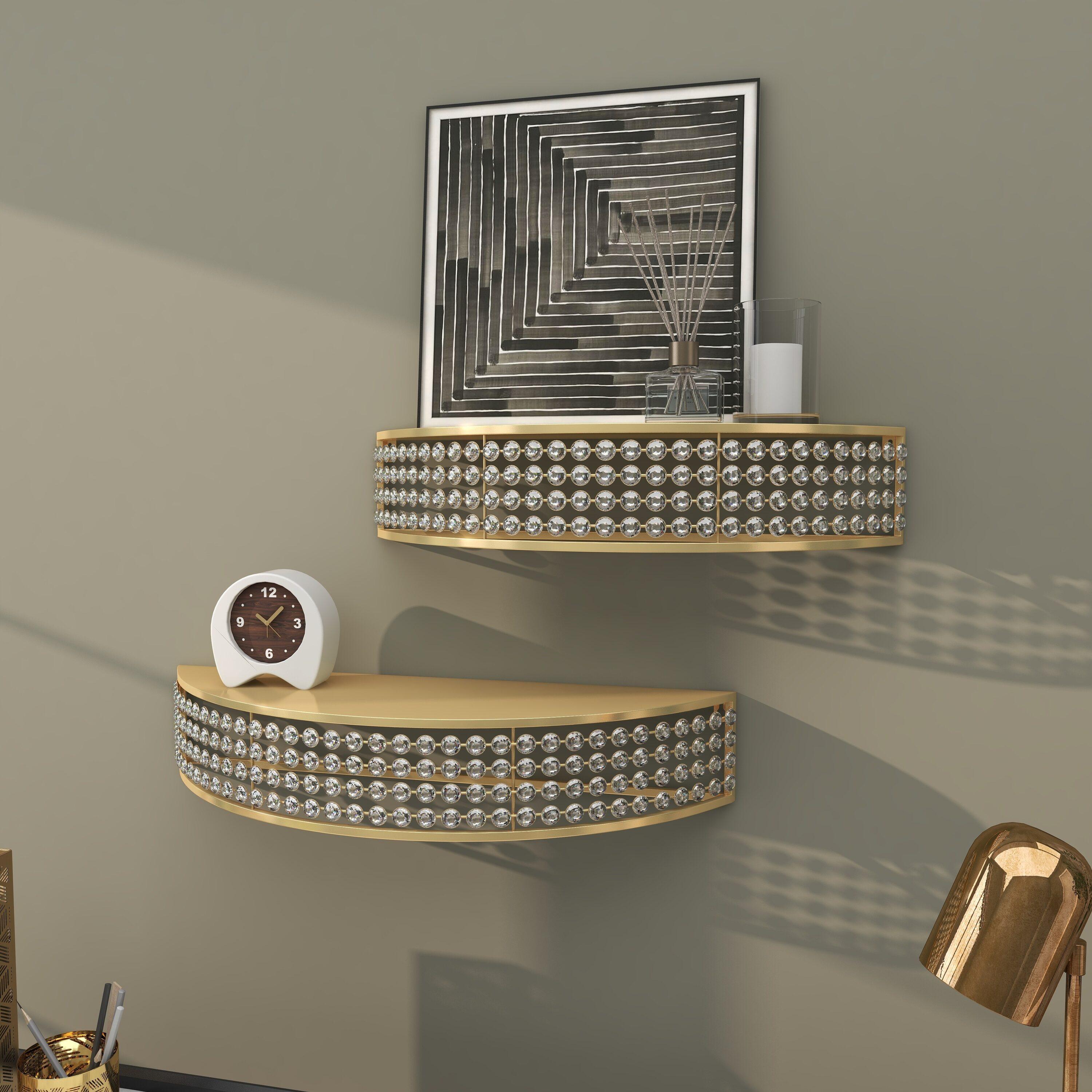 DecMode 5", 5"H Half-Moon 2-Tier Gold Wall Shelf with Crystal Embellishments (2 Count)